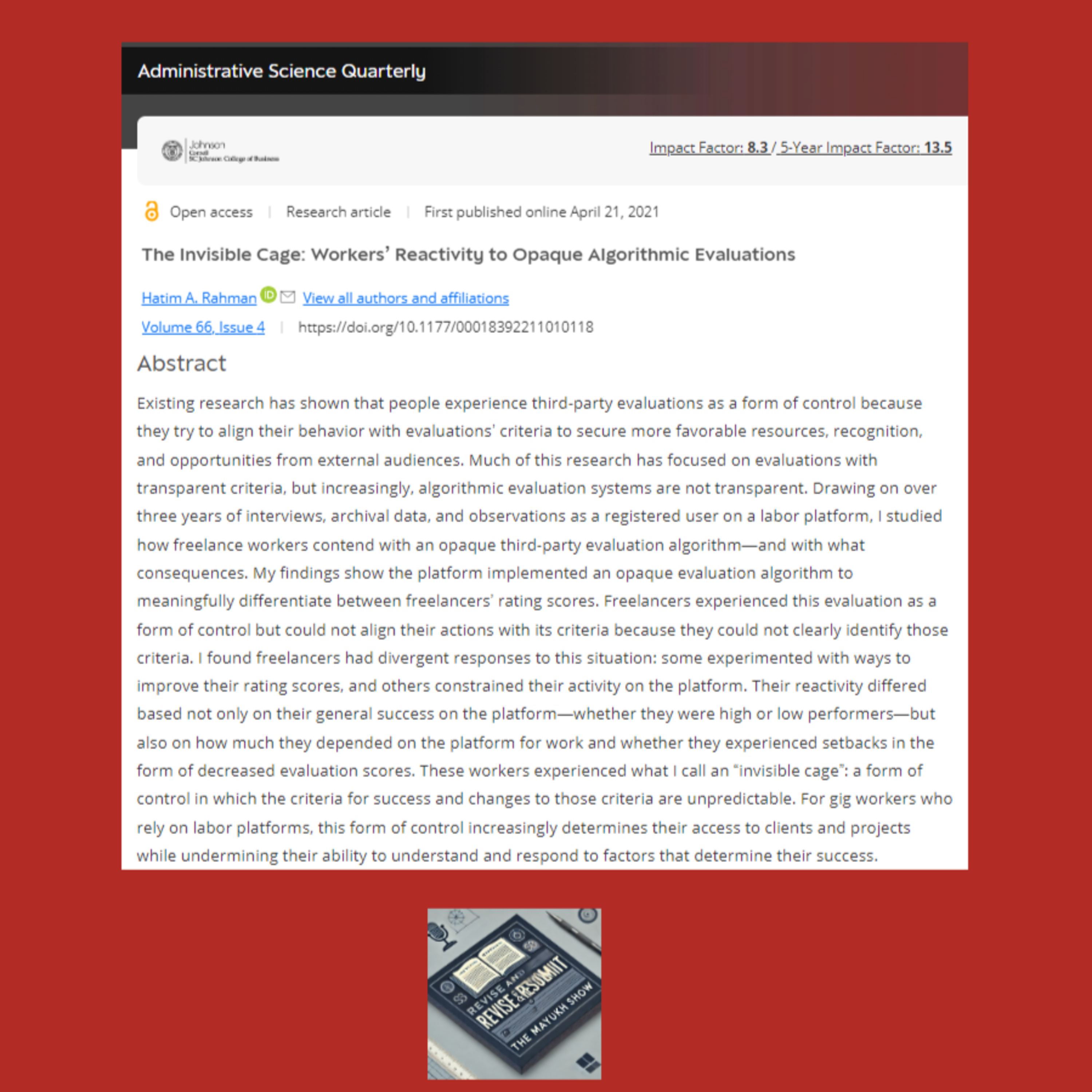 The Invisible Cage: Workers’ Reactivity to Opaque Algorithmic Evaluations (Rahman, 2021)