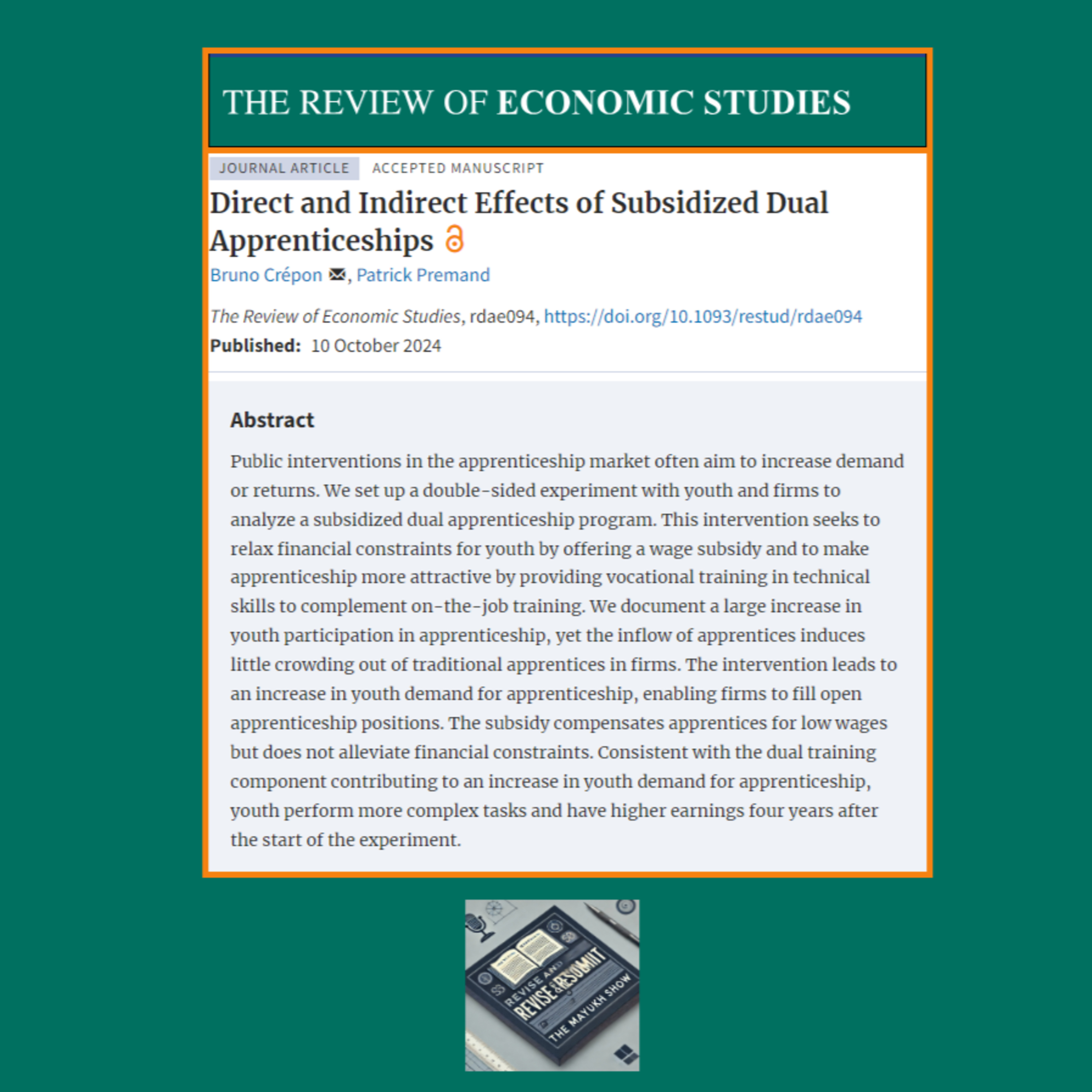 Direct and Indirect Effects of Subsidized Dual Apprenticeships (Crépon & Premand, 2024) episode artwork