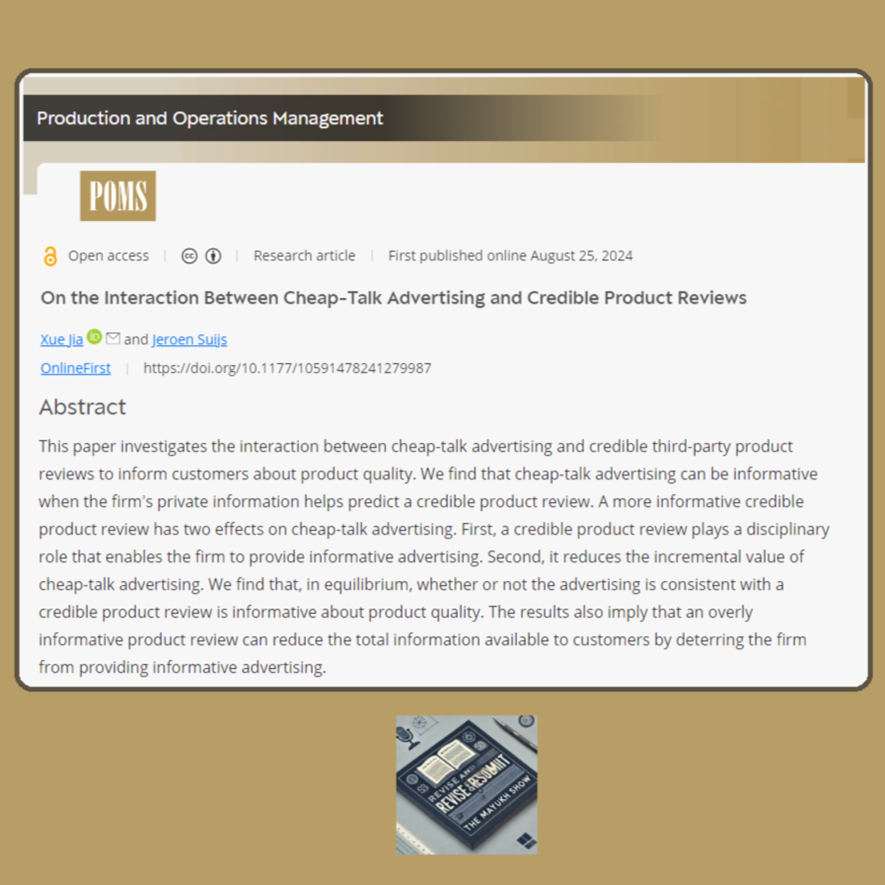 Cheap-Talk Advertising and Credible Product Reviews (Jia & Suijs, 2024)