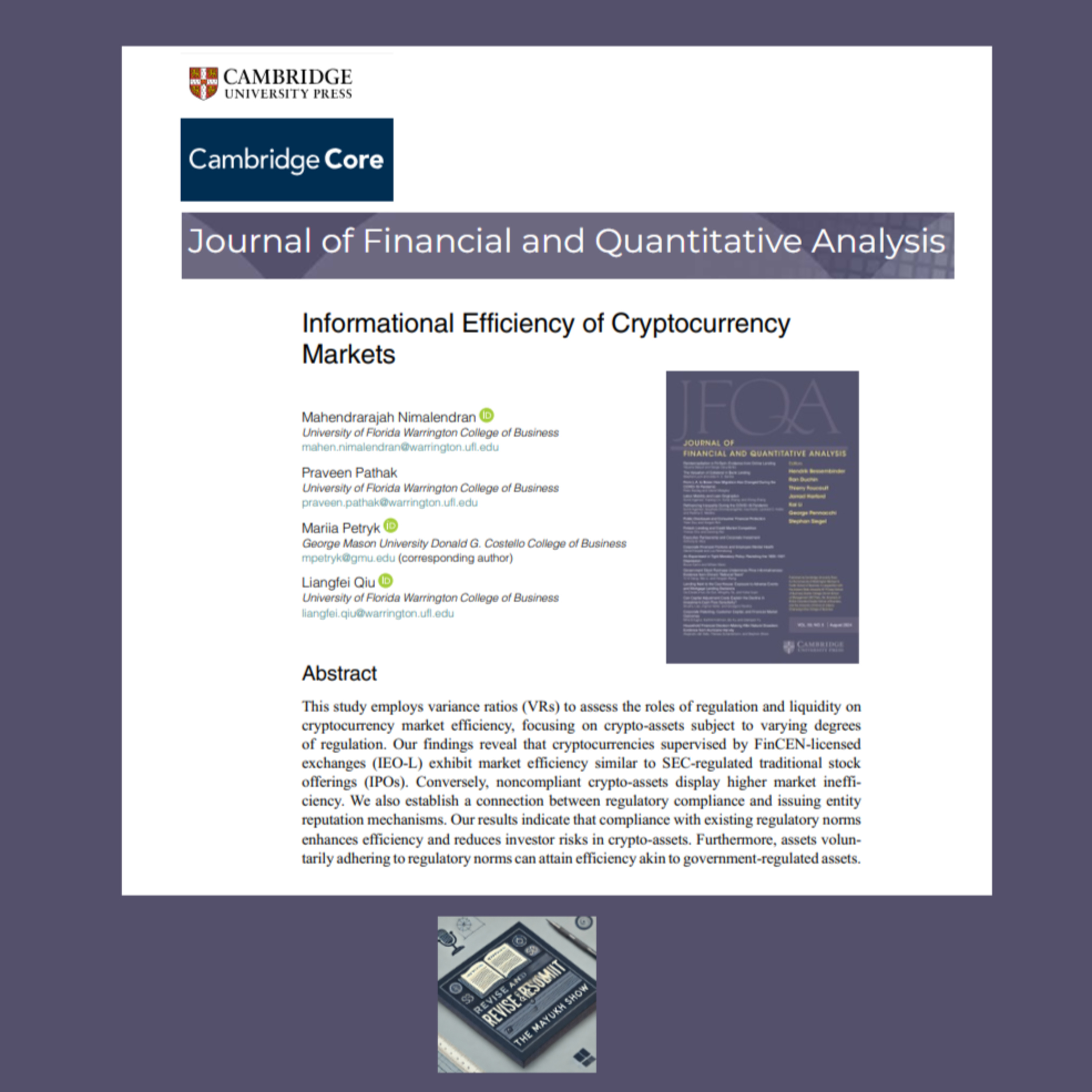 Informational Efficiency of Cryptocurrency Markets (Nimalendran et al., 2024)