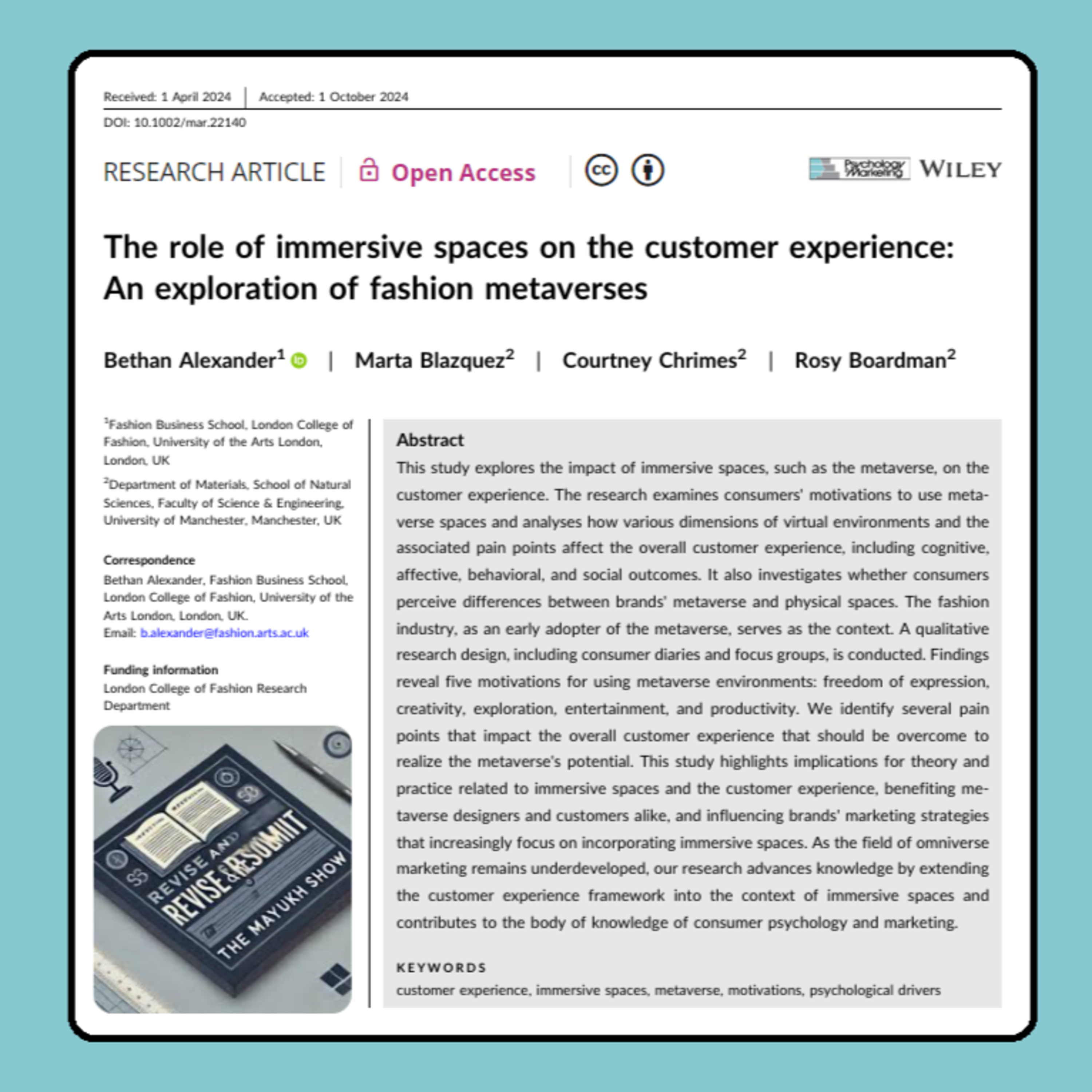 The Role of Immersive Spaces on the Customer Experience: An Exploration of Fashion Metaverses (Alexander et al., 2024)