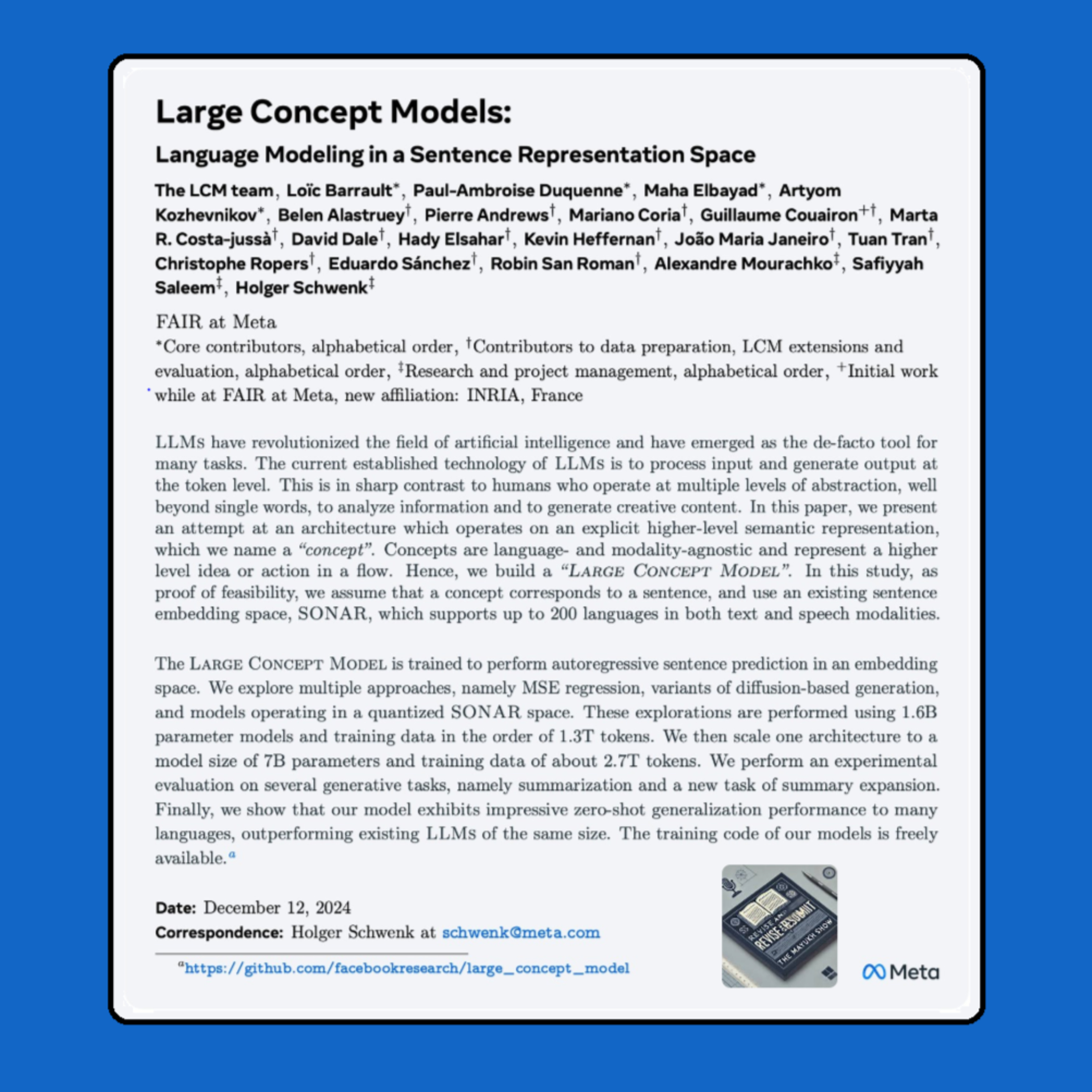 Large Concept Models: Language Modeling in a Sentence Representation (Schwenk et al., 2024) episode artwork