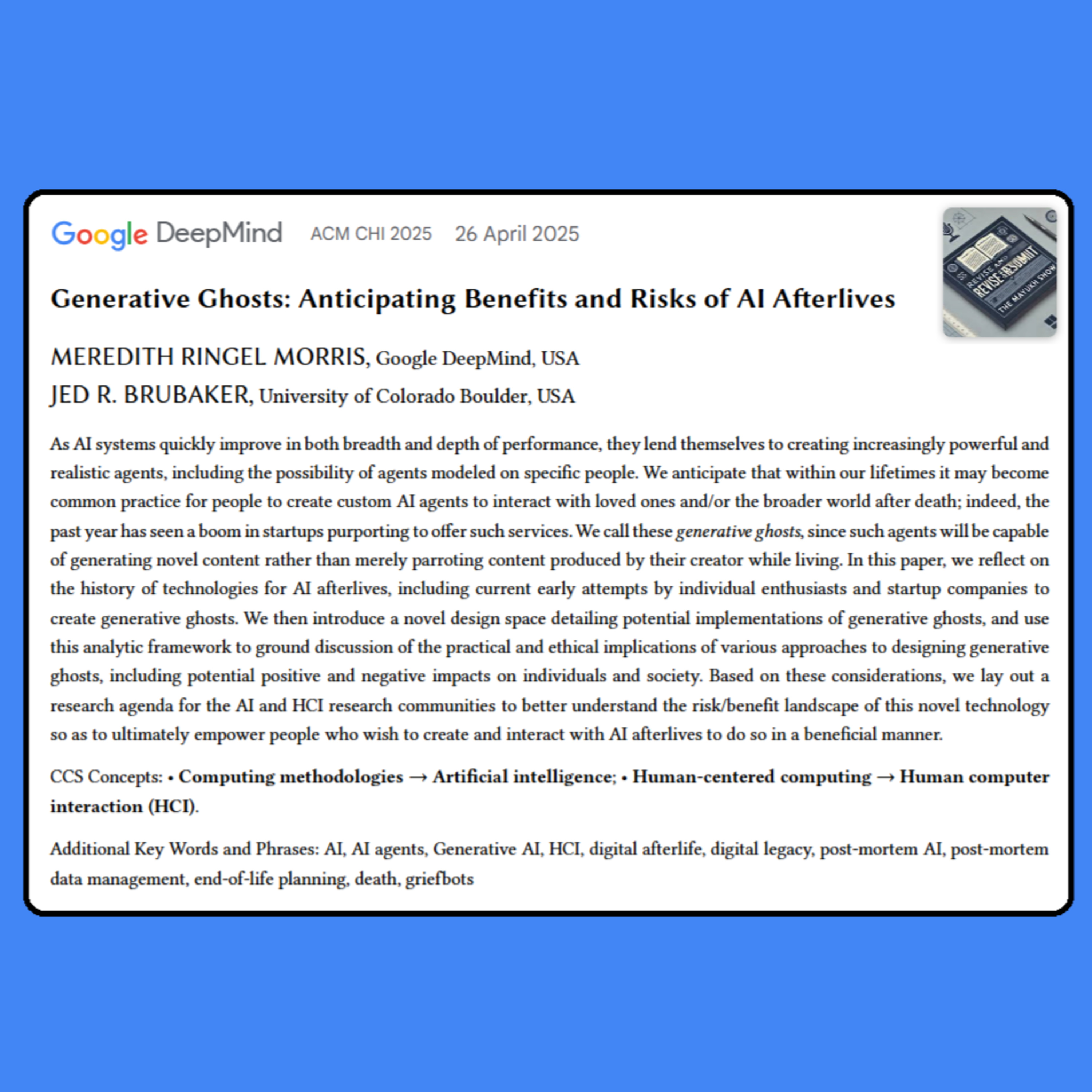 Generative Ghosts: Anticipating Benefits and Risks of AI Afterlives (Morris & Brubaker, 2025) episode artwork