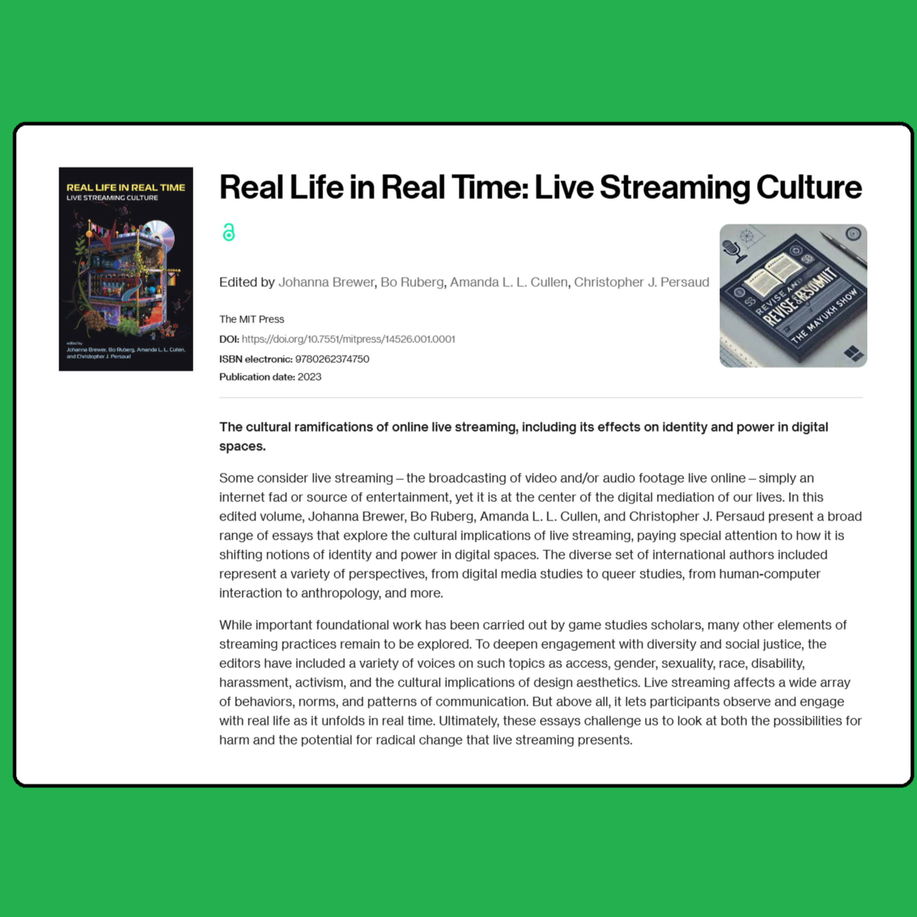 Real Life in Real Time: Live Streaming Culture (Brewer et al., 2023) - Weekend Book Review episode artwork