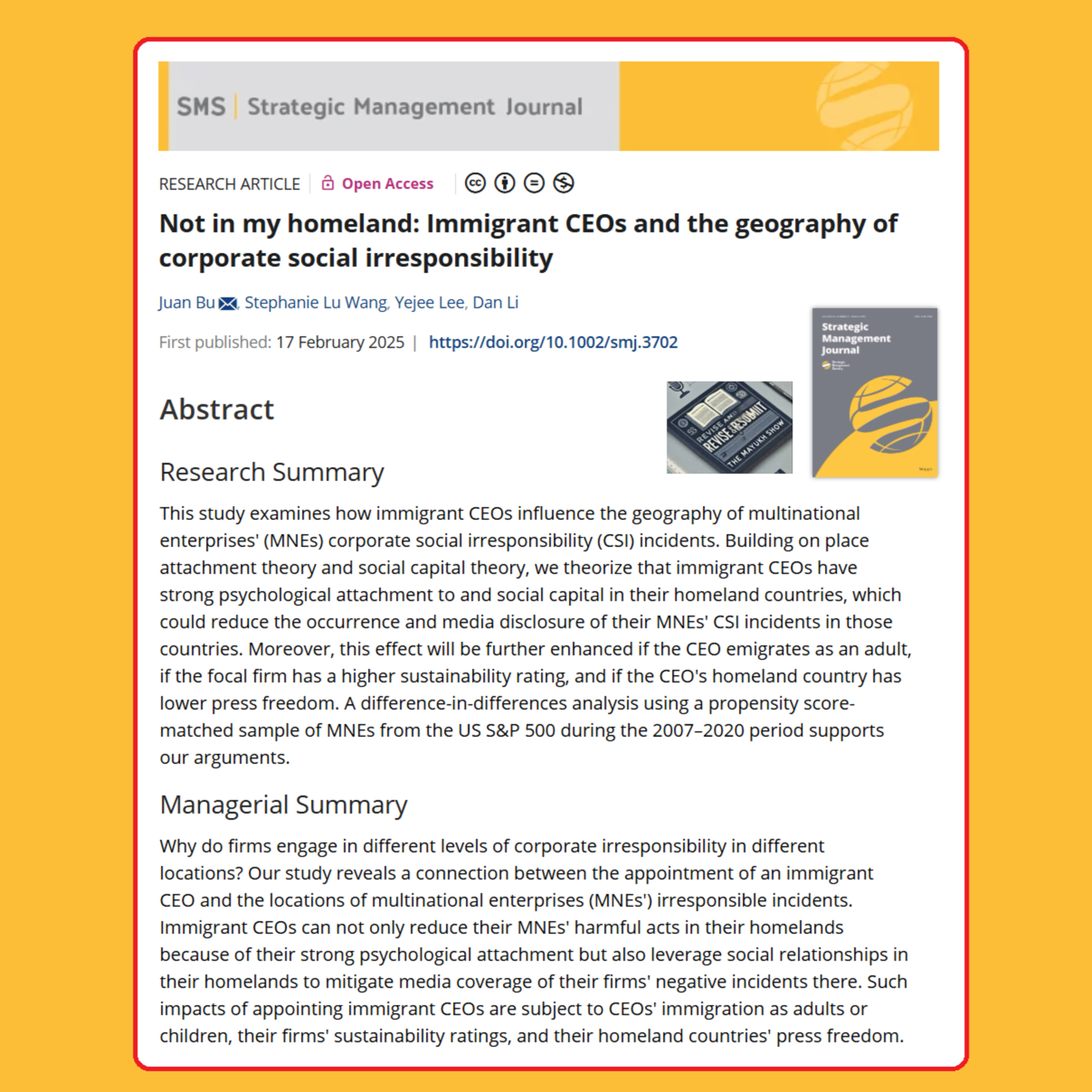 Immigrant CEOs and the geography of CSI (Bu et al., 2025) | SMJ FT50 episode artwork