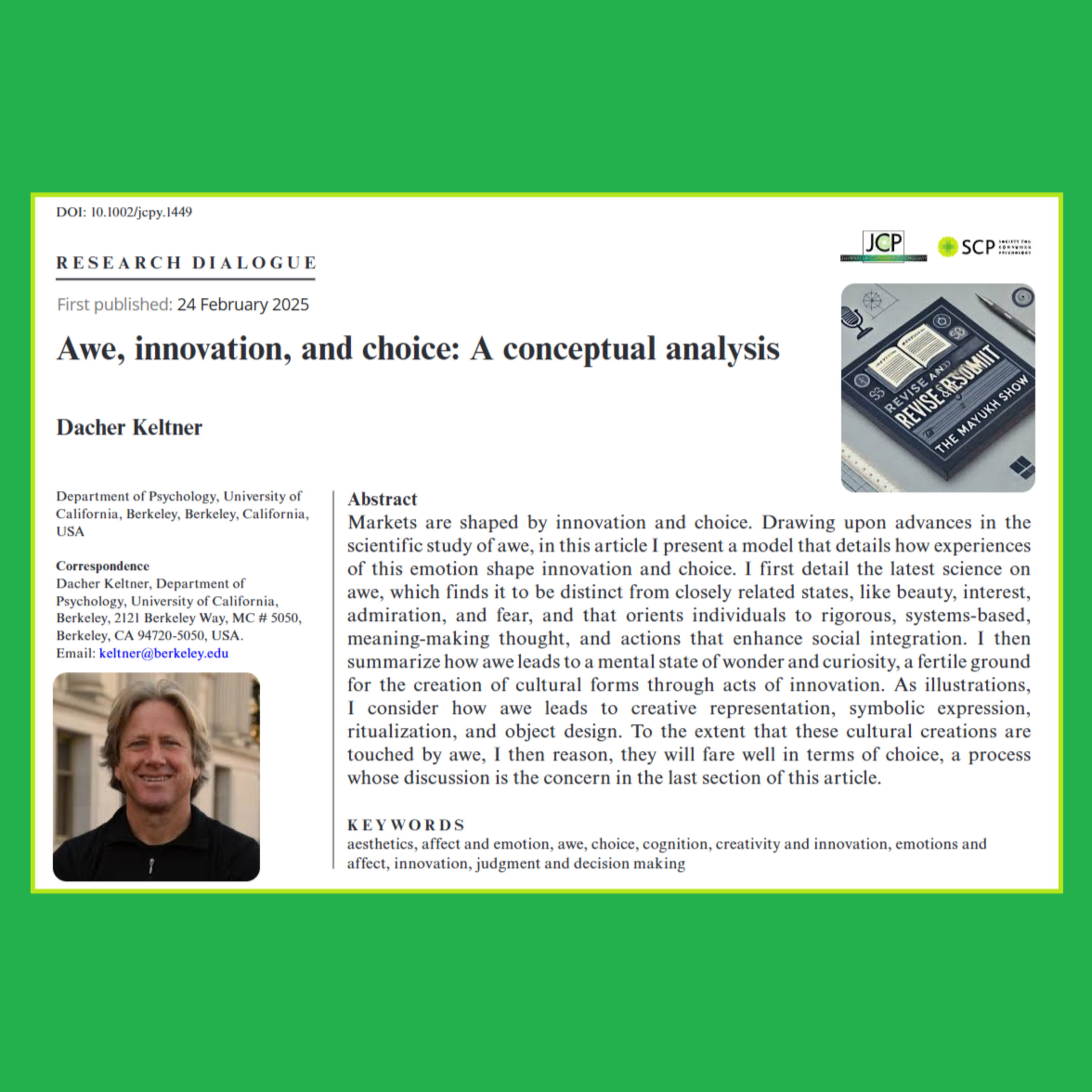 Awe, Innovation, and Choice: A Conceptual Analysis (Keltner, 2025)| JCP FT50 episode artwork