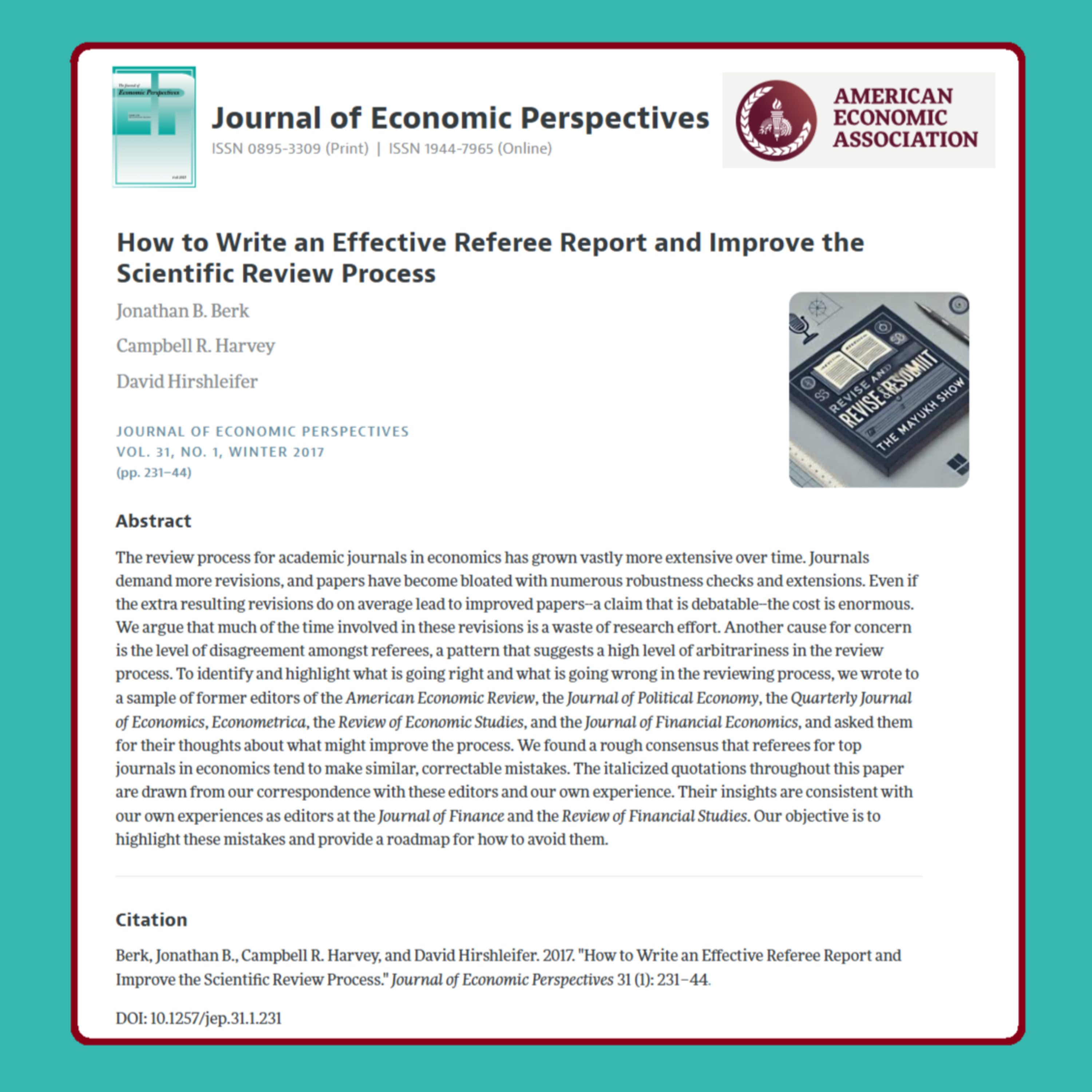 How to Write an Effective Referee Report (Berk et al. 2017) | JEP ABDC-A* episode artwork