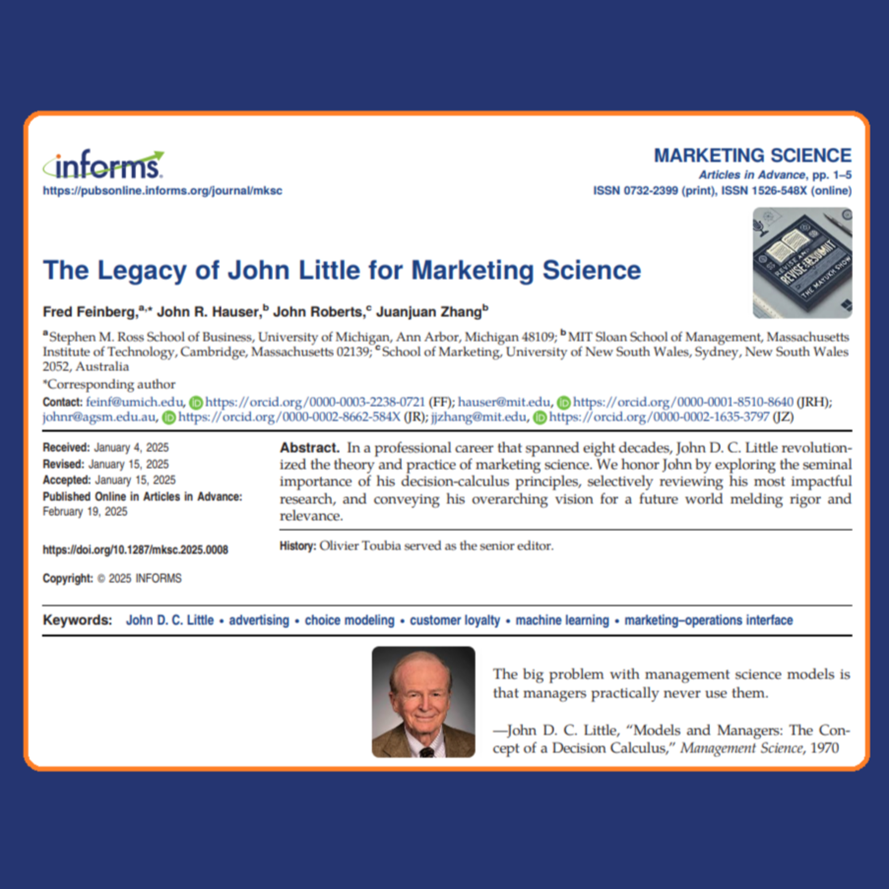 The Legacy of John Little for Marketing Science (Feinberg et al. 2025) | MS FT50 episode artwork