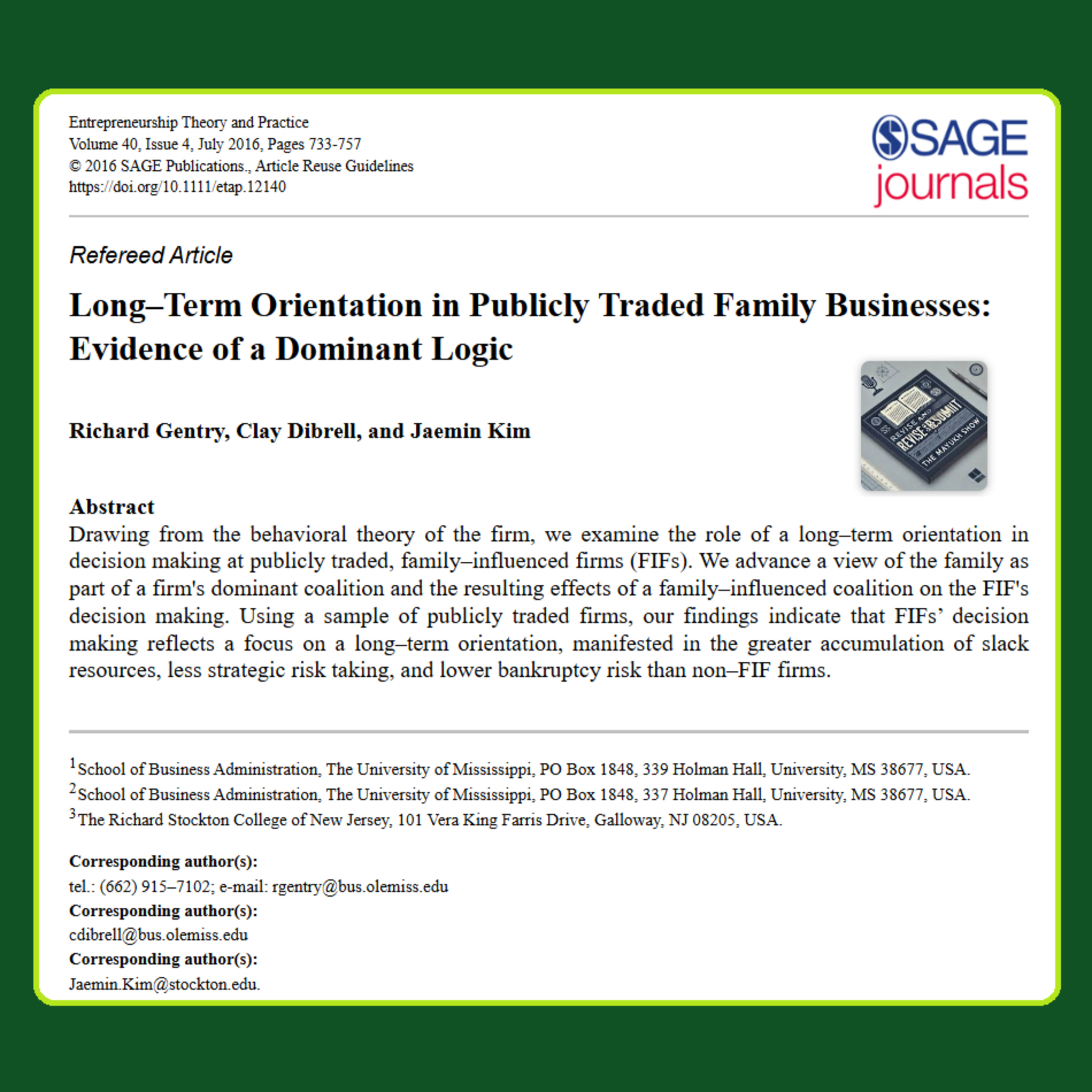Family Business: A Long-Term Dominant Logic (Gentry et al 2016) | FT50 ETP VSSER25