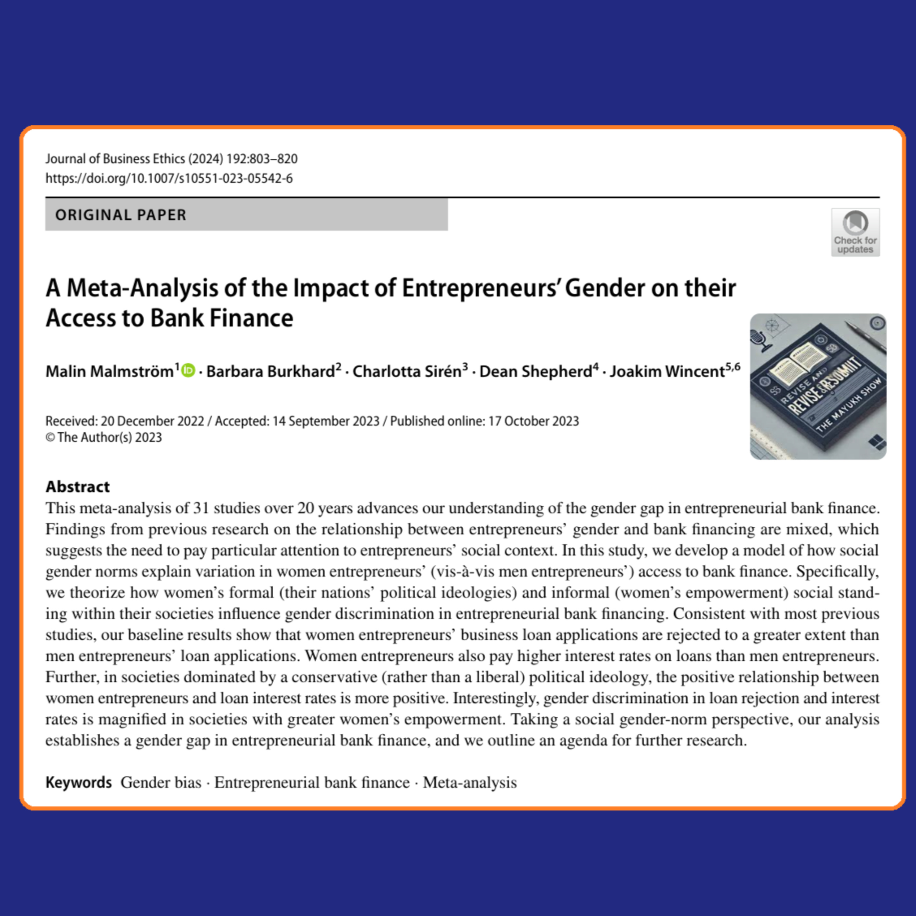 Impact of Entrepreneurs’ Gender on Bank Access (Malmström et al. 2024) | FT50 JBE VSSER25