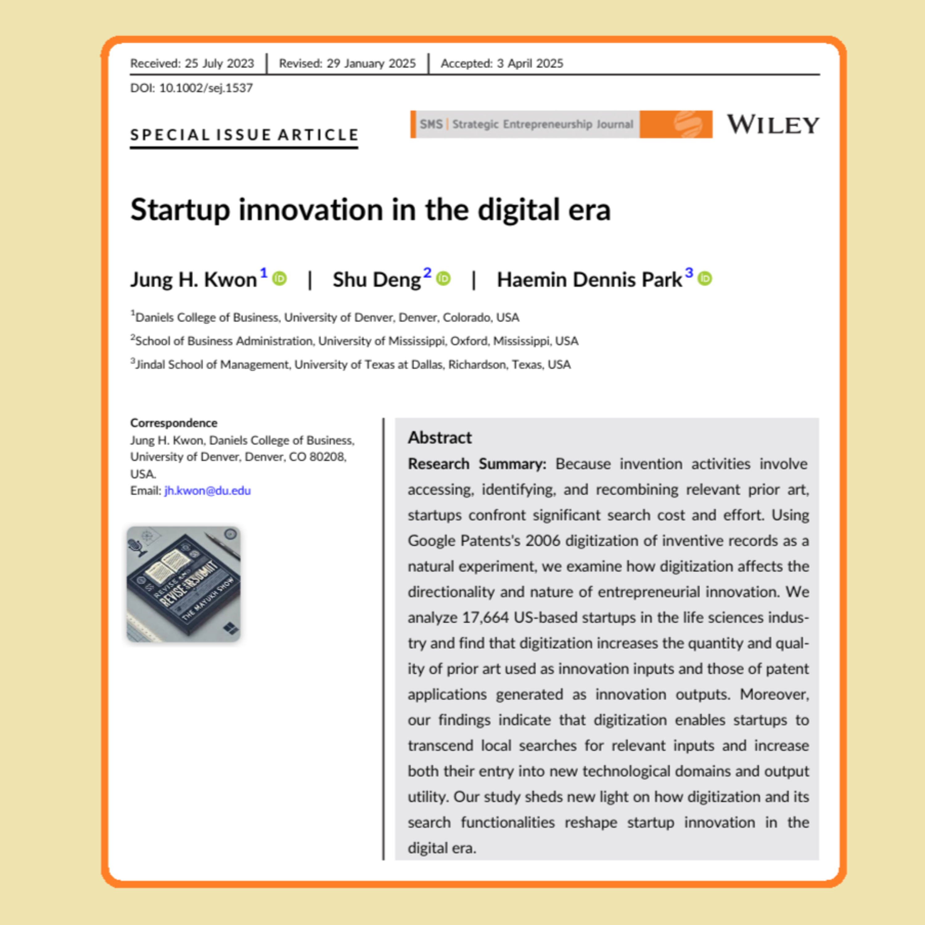 Startup innovation in the digital era (Kwon et al. 2025) | FT50 SEJ episode artwork