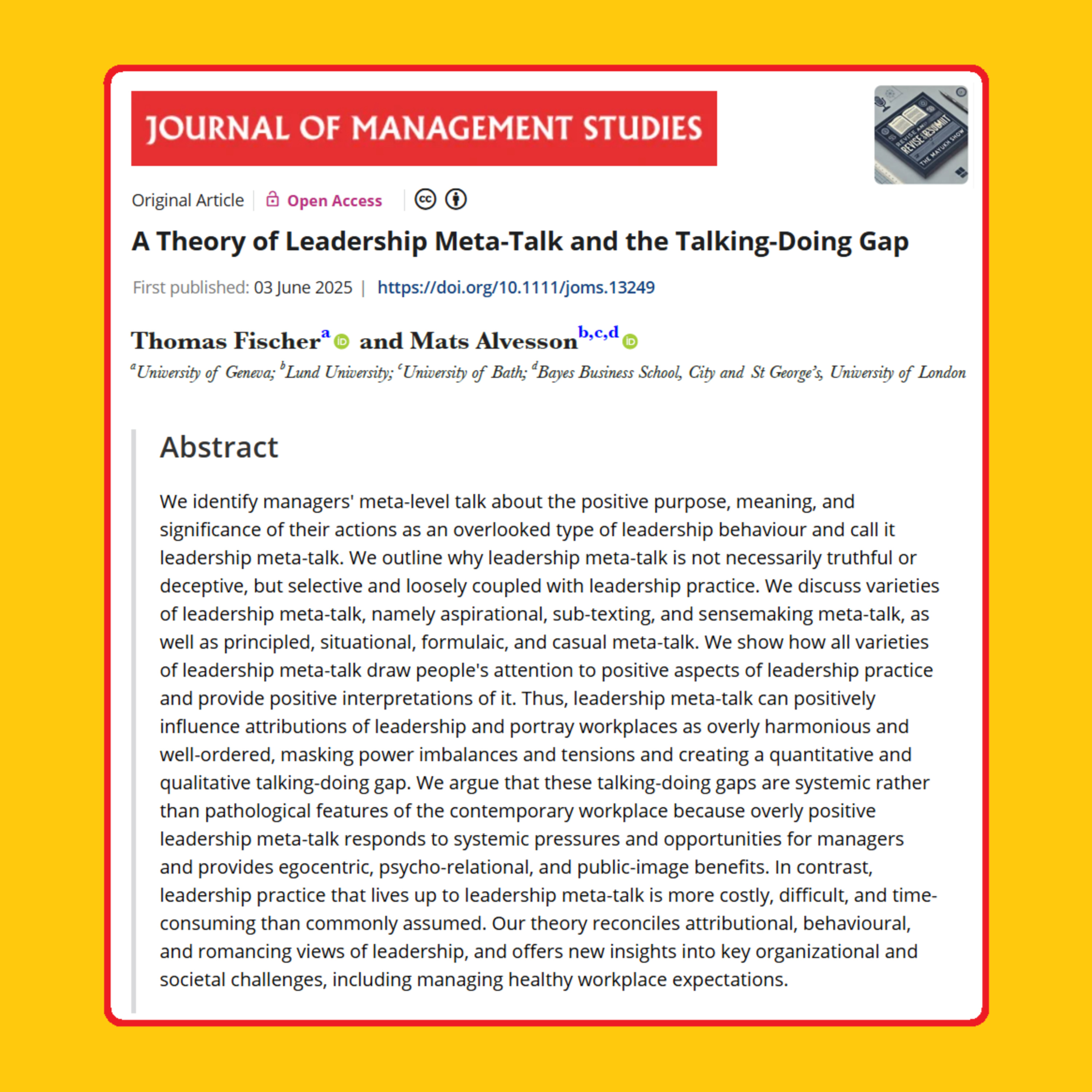 A Theory of Leadership Meta-Talk and the Talking-Doing Gap (Fischer & Alvesson, 2025) | FT50 JMS episode artwork