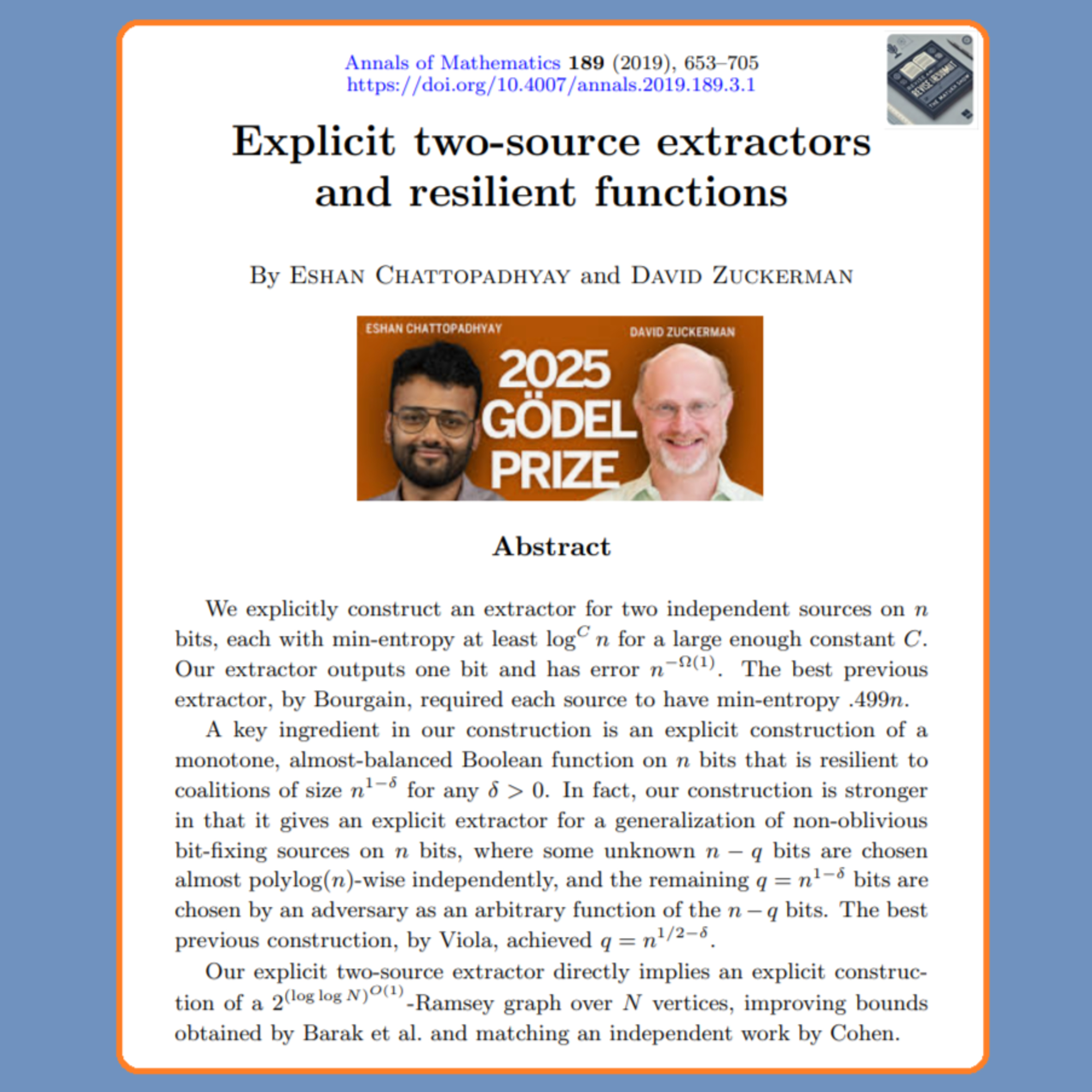 Explicit two-source extractors and resilient functions (Chattopadhyay & Zuckerman 2019)