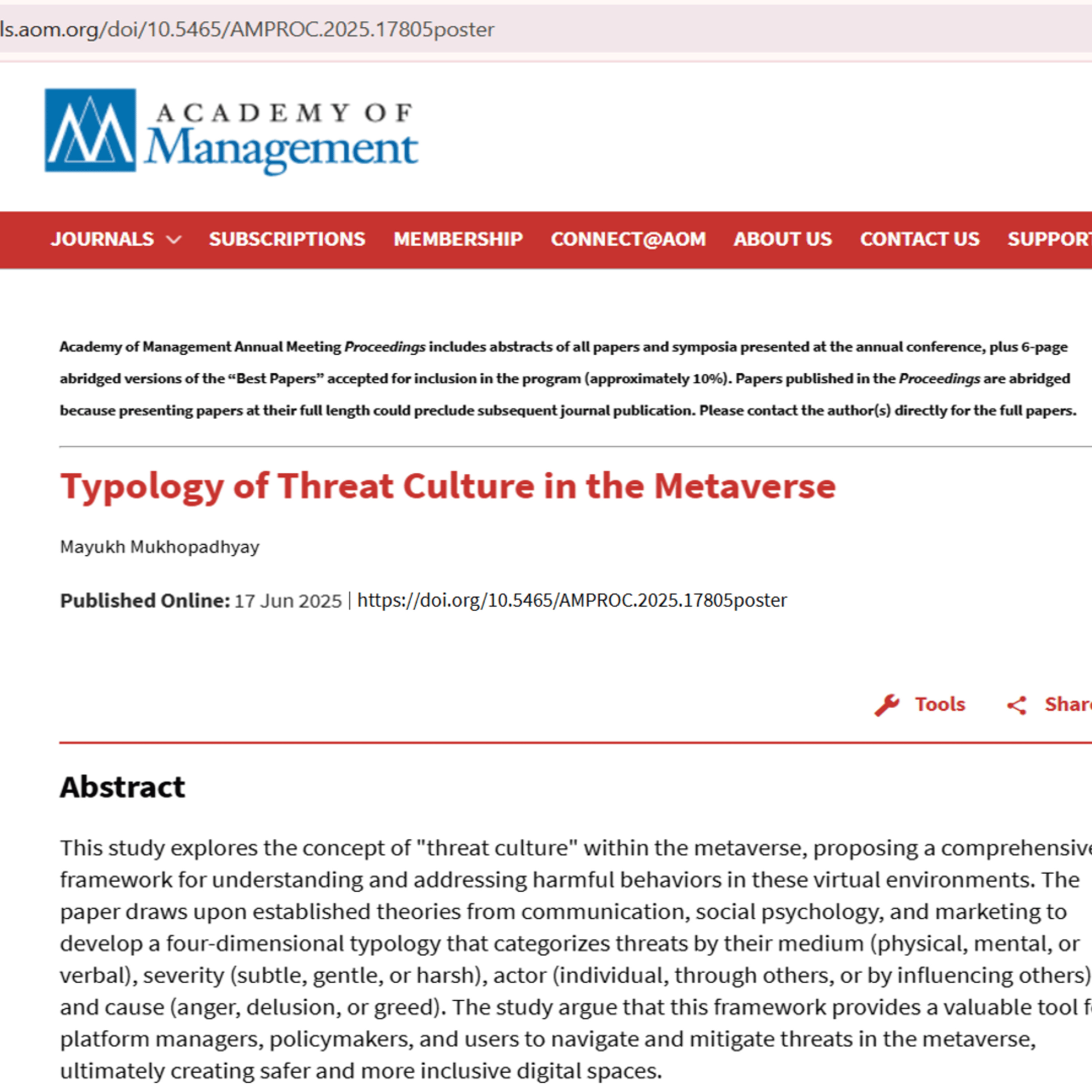 Typology of Threat Culture in the Metaverse (Mukhopadhyay 2025) | AOM2025 Author Summary episode artwork
