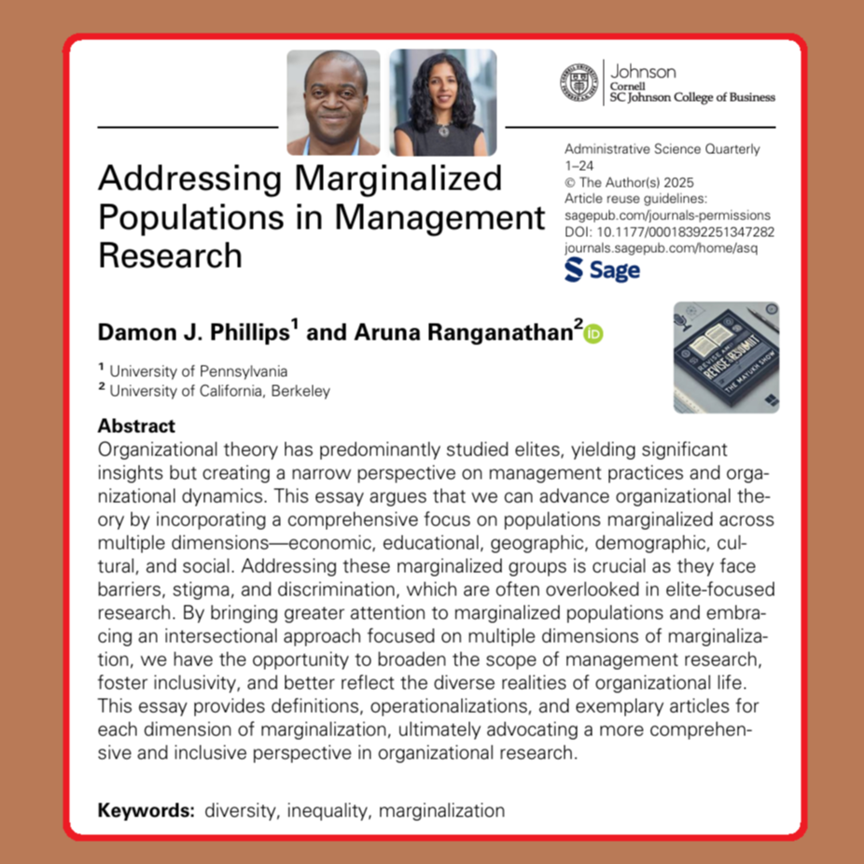 Addressing Marginalized Populations in Management Research (Phillips & Ranganathan 2025) | FT50 ASQ episode artwork