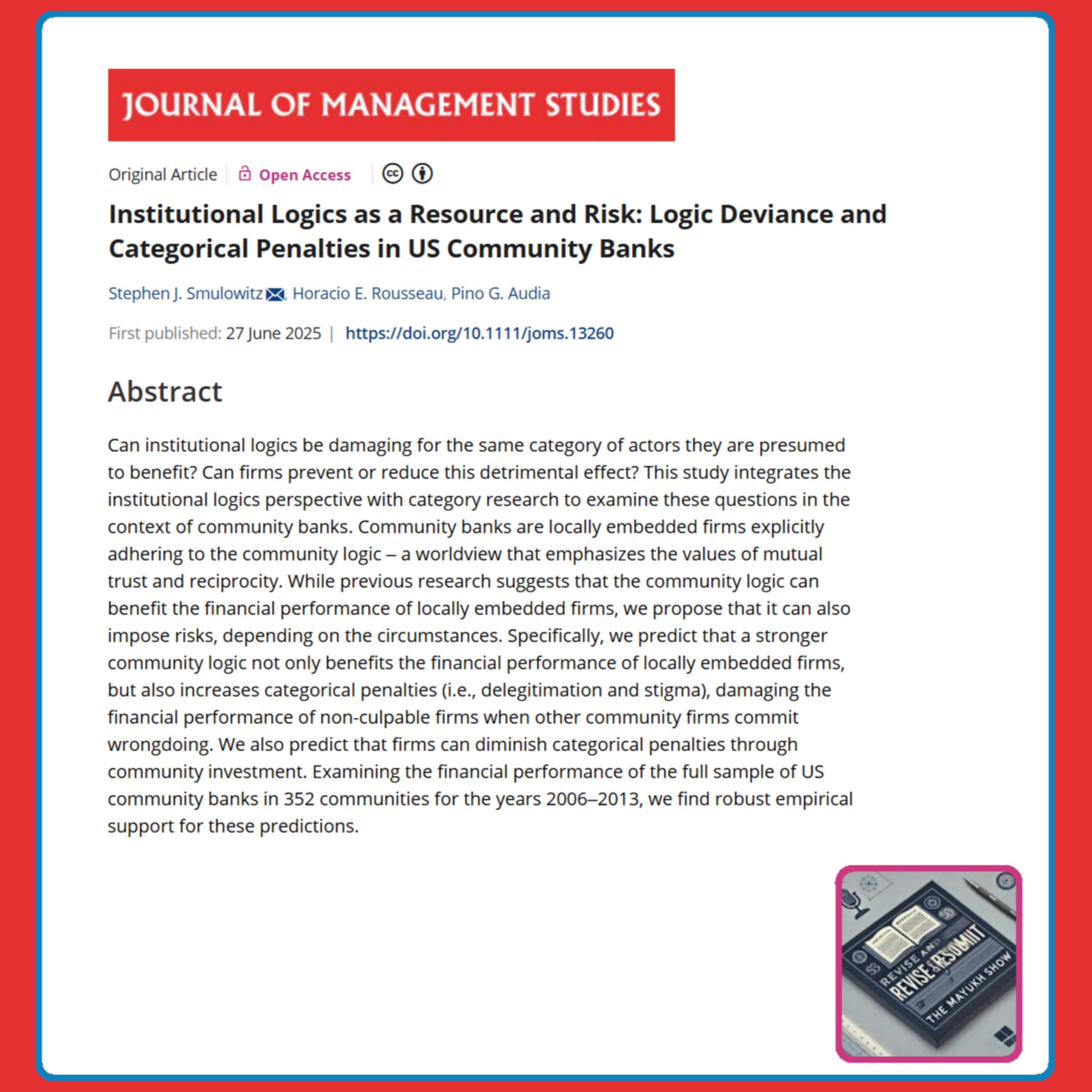 Institutional Logics as a Resource and Risk (Smulowitz et al 2025) | FT50 JOMS episode artwork