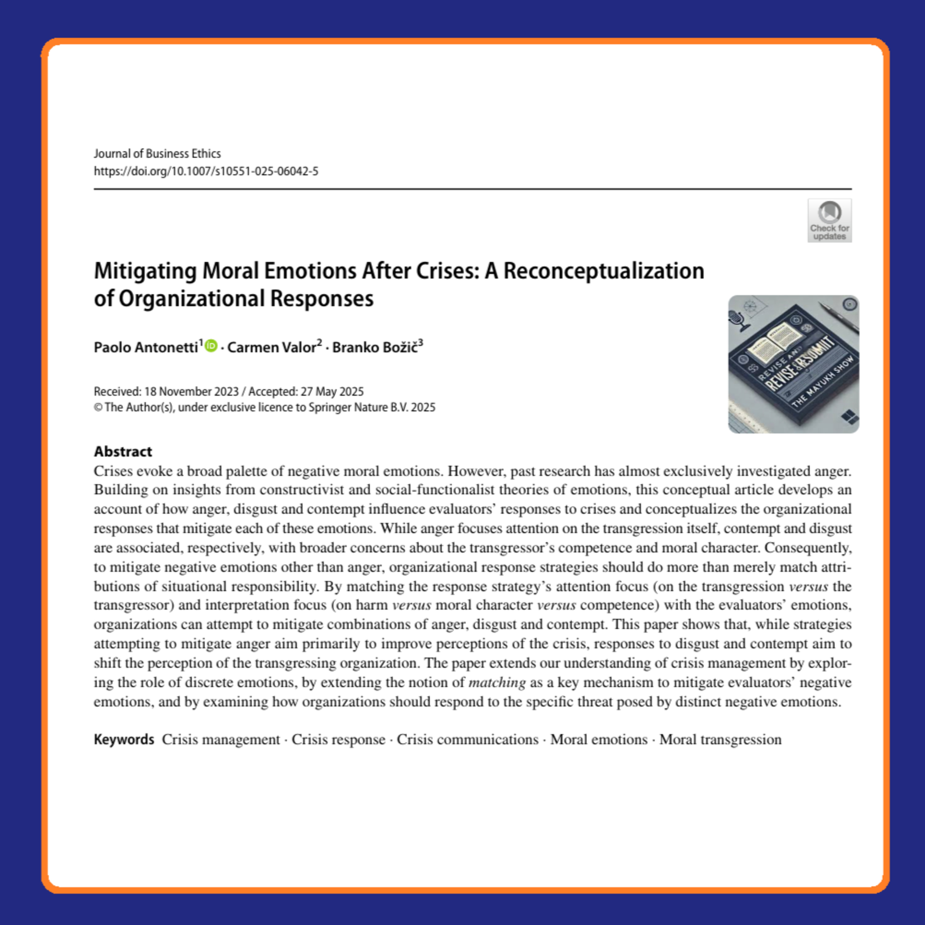 Mitigating Moral Emotions After Crises (Antonetti et al 2025) | FT50 JBE