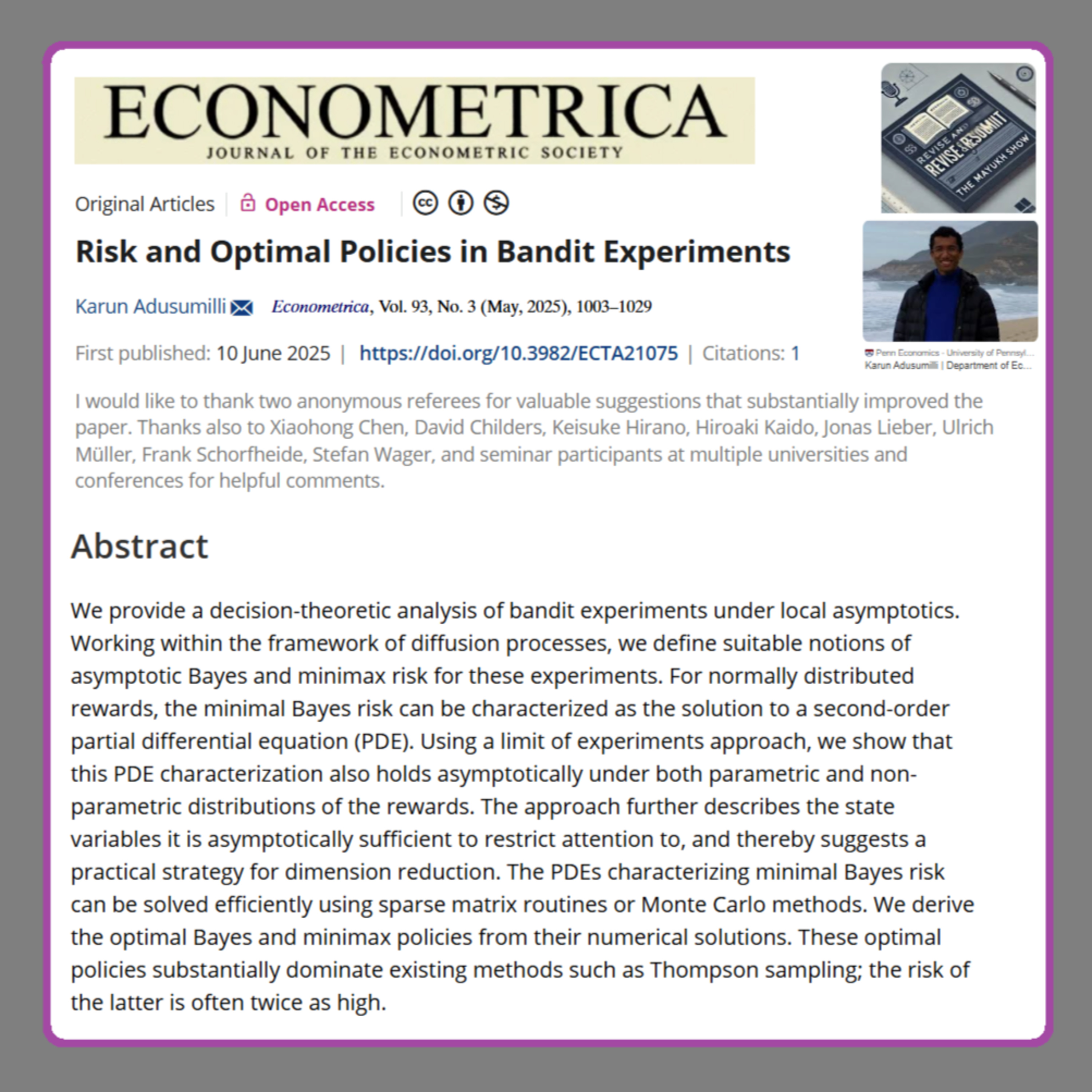 Risk and Optimal Policies in Bandit Experiments (Adusumilli 2025) | FT50 ECTA episode artwork