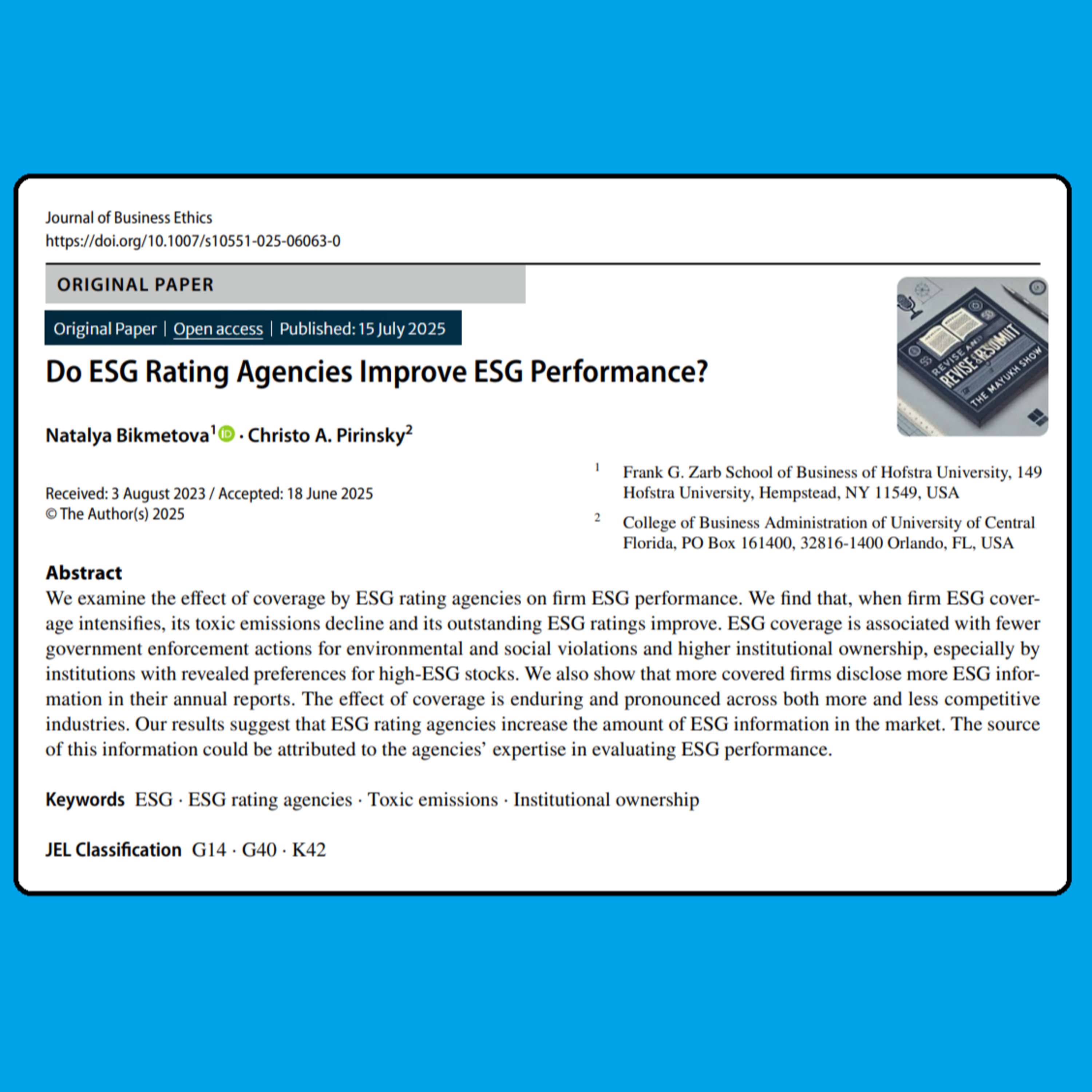 Do ESG Rating Agencies Improve ESG Performance? (Bikmetova & Pirinsky 2025) | FT50 JBE episode artwork