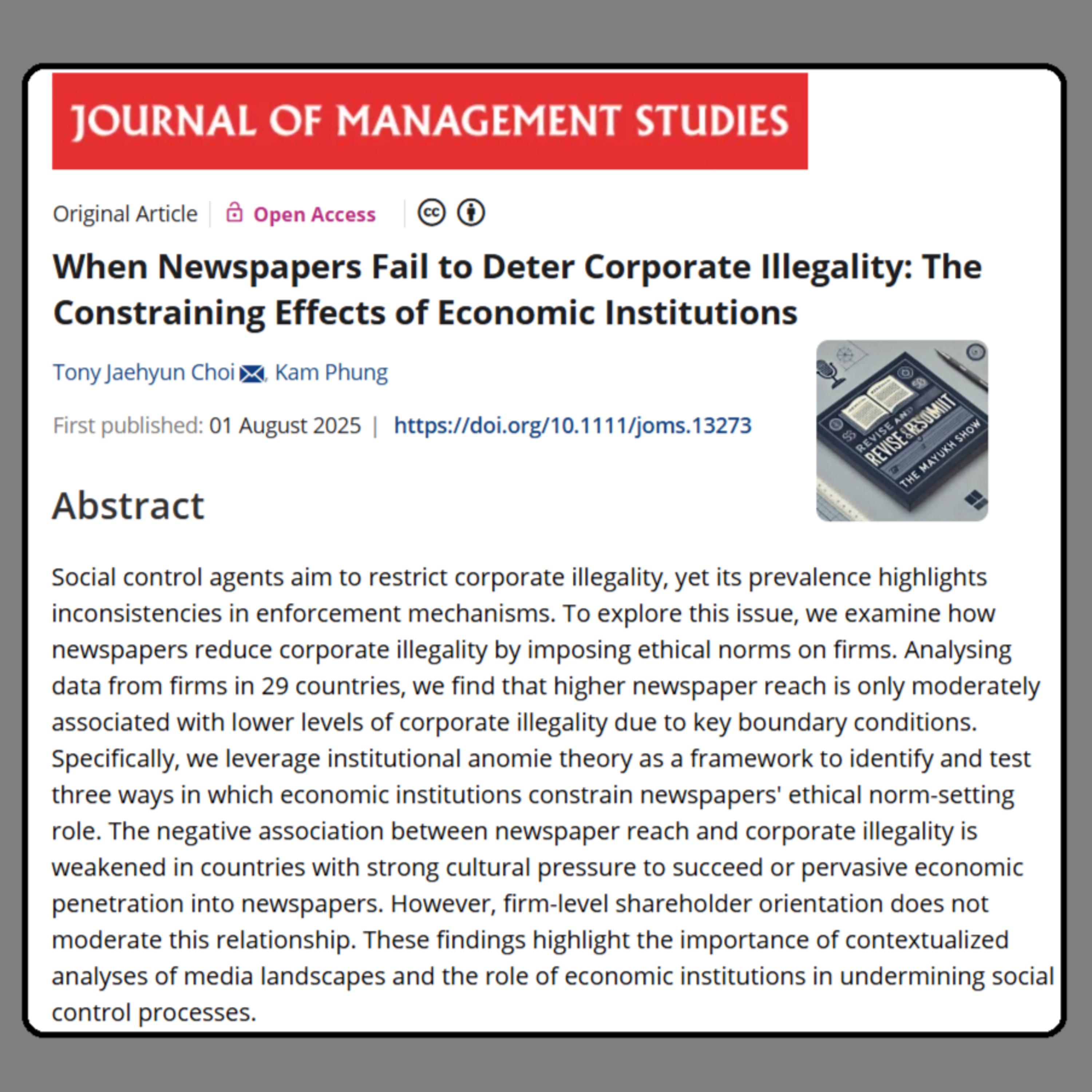 When Newspapers Fail to Deter Corporate Illegality (Choi and Phung 2025) | FT50 JMS