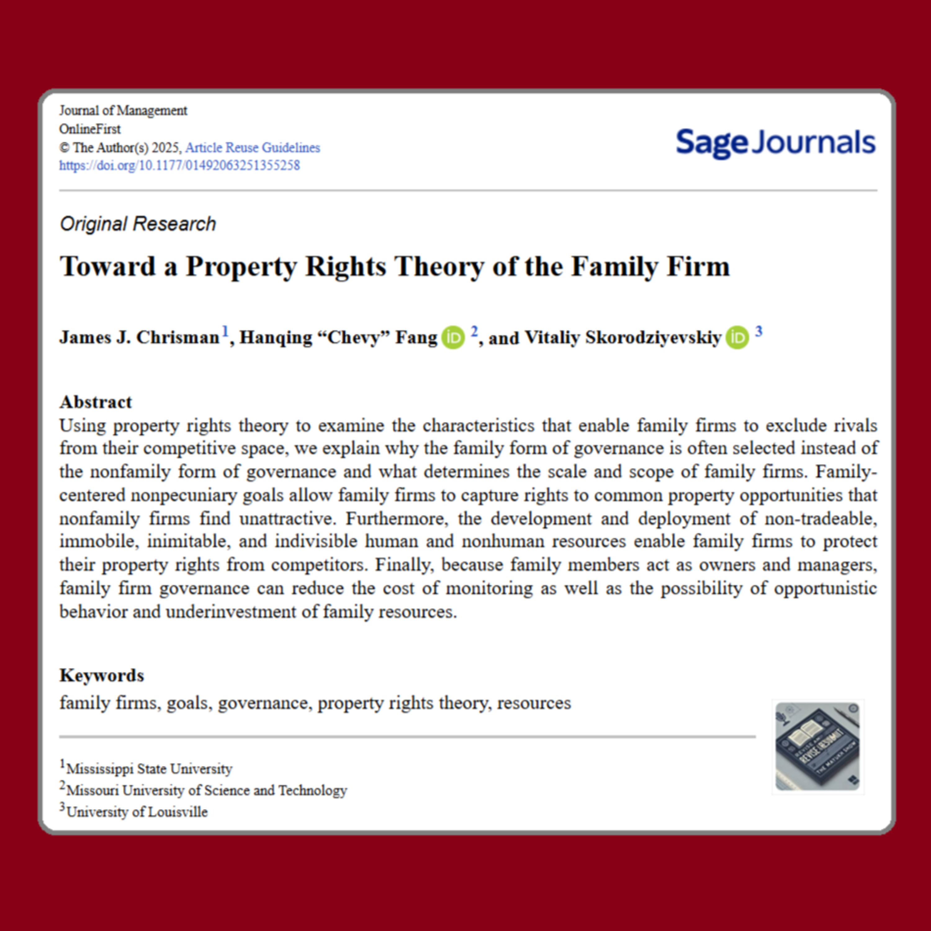 Toward a Property Rights Theory of the Family Firm (Chrisman et al 2025) | FT50 JoM