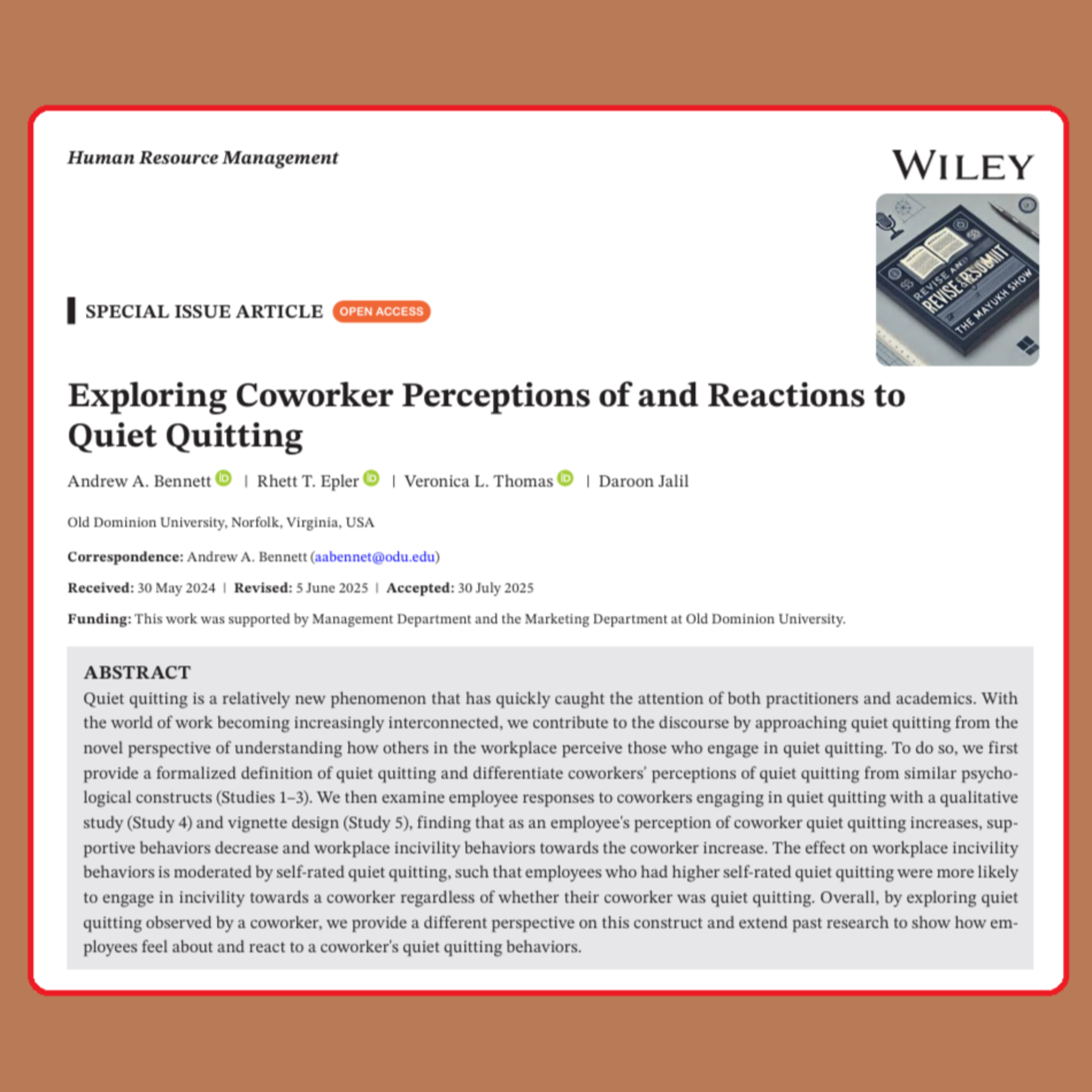 Exploring Coworker Perceptions of and Reactions to Quiet Quitting (Bennett et al 2025) | FT50 HRM episode artwork