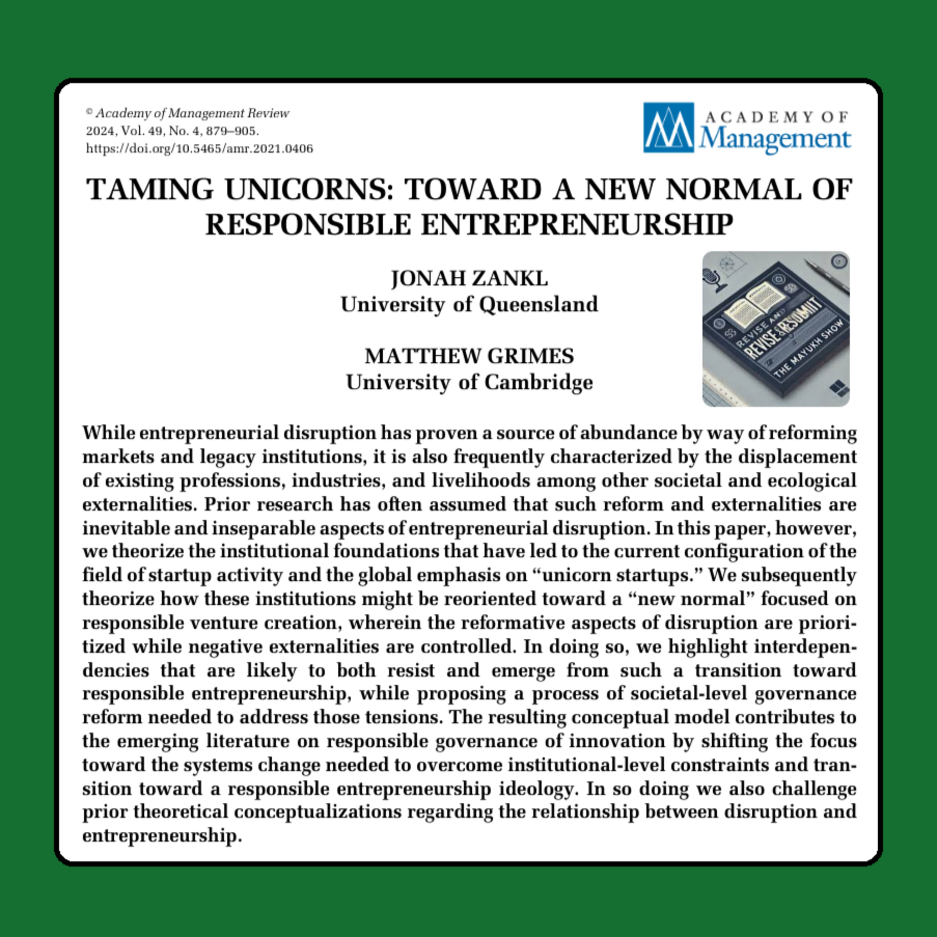 Toward a New Normal of Responsible Entrepreneurship (Zankl & Grimes, 2024) | FT50 AMR