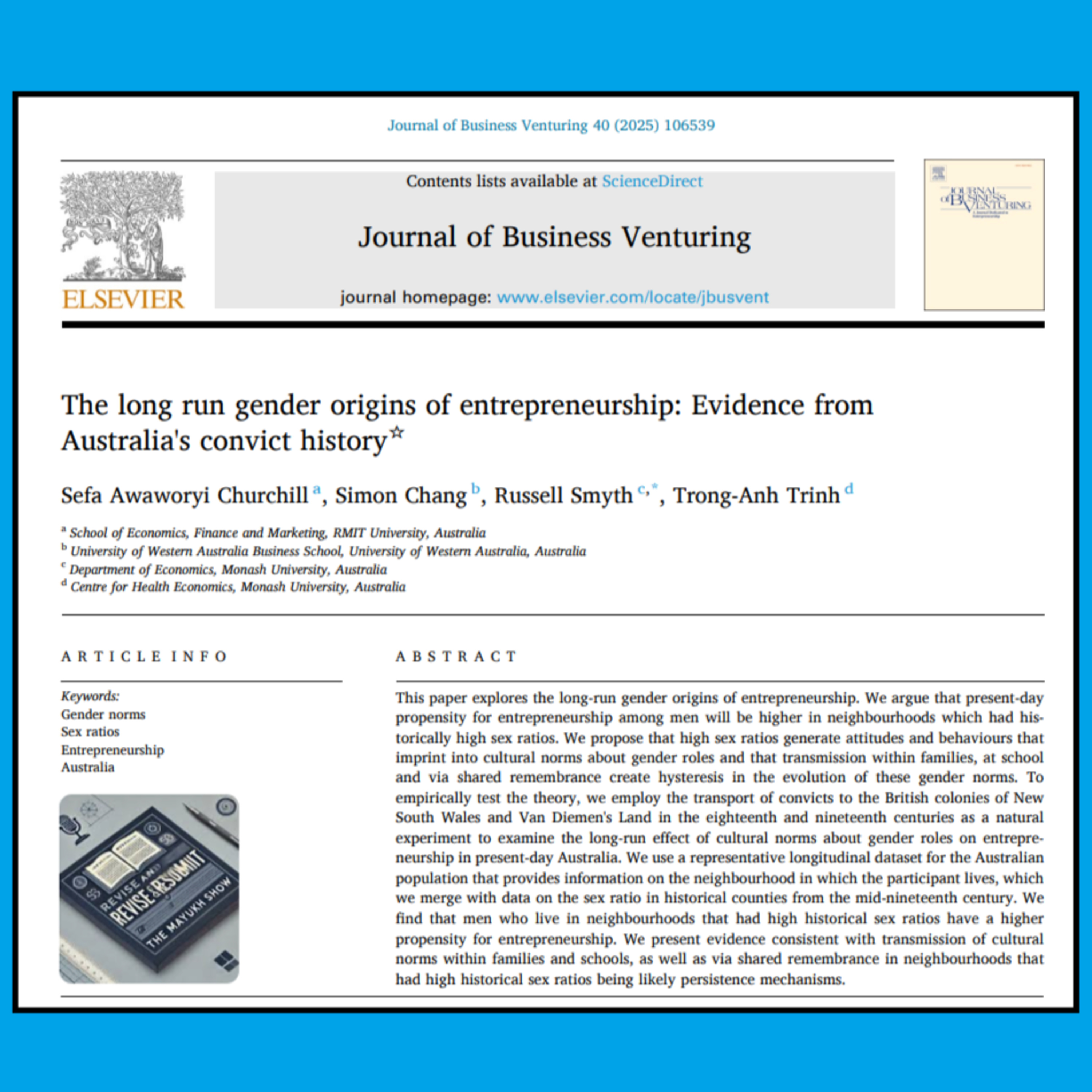 The long run gender origins of entrepreneurship (Churchill et al 2025) | FT50 JBV