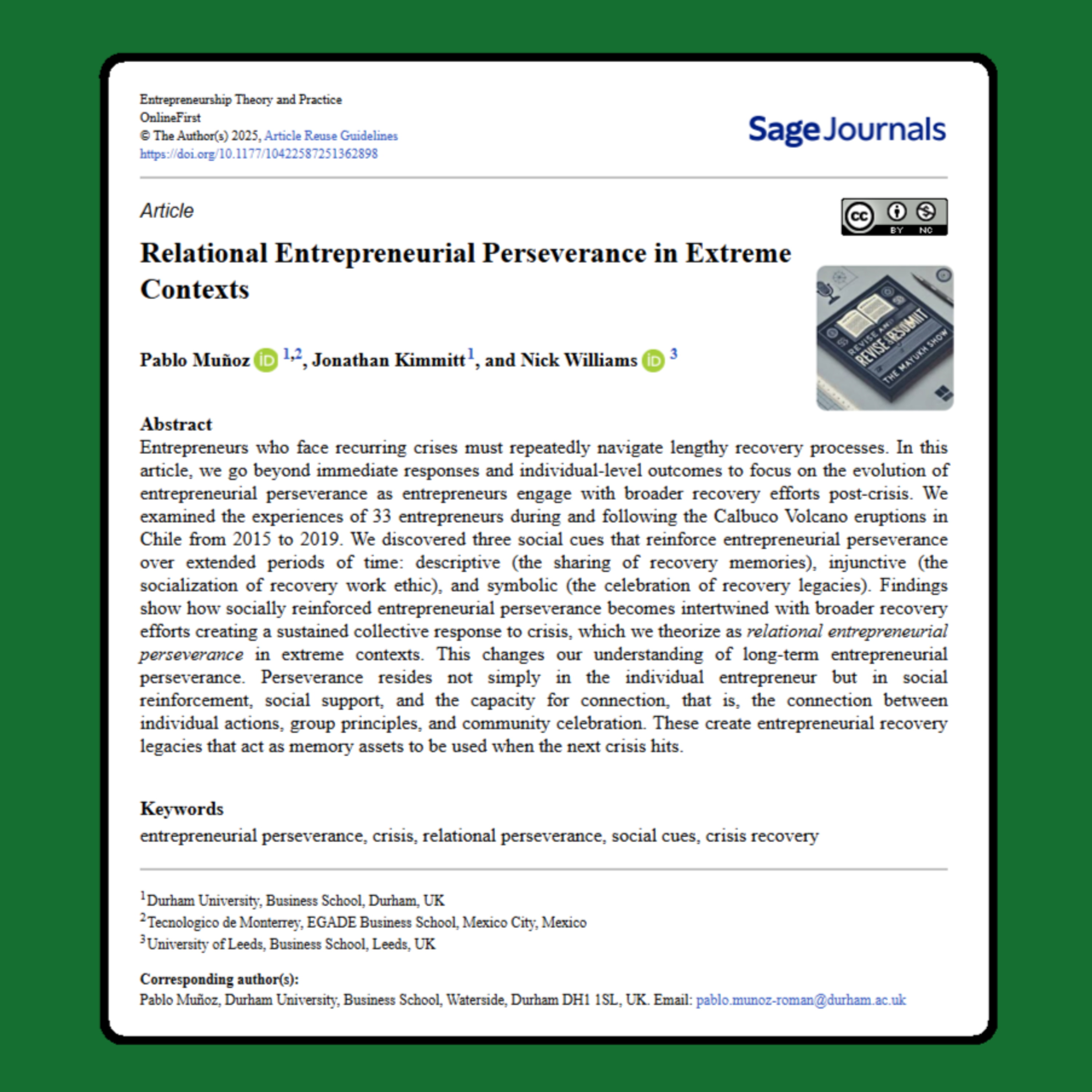 Relational Entrepreneurial Perseverance in Extreme Contexts (Muñoz et al 2025) | FT50 ETP episode artwork