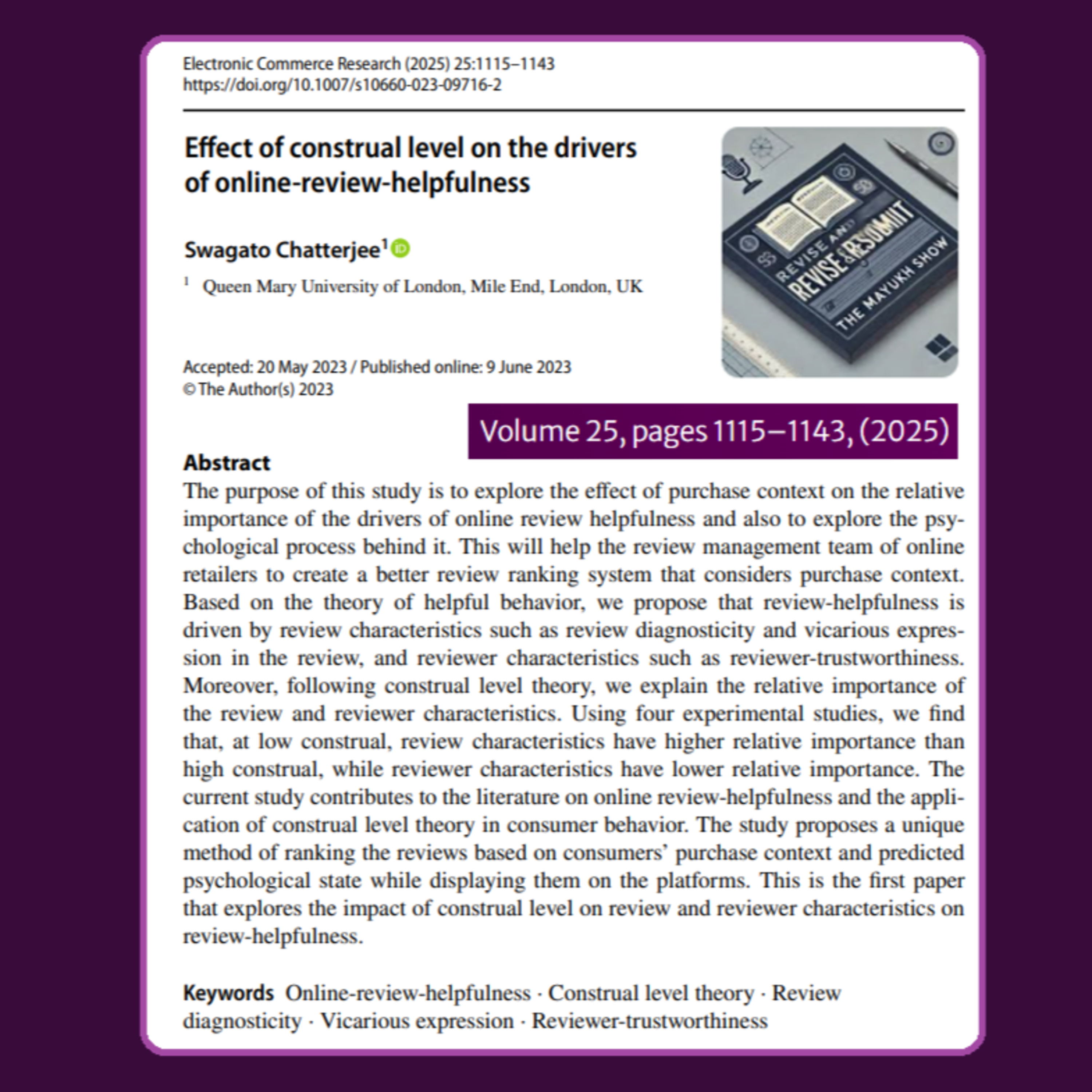 Effect of construal level on the drivers of online-review-helpfulness (Chatterjee, 2025)