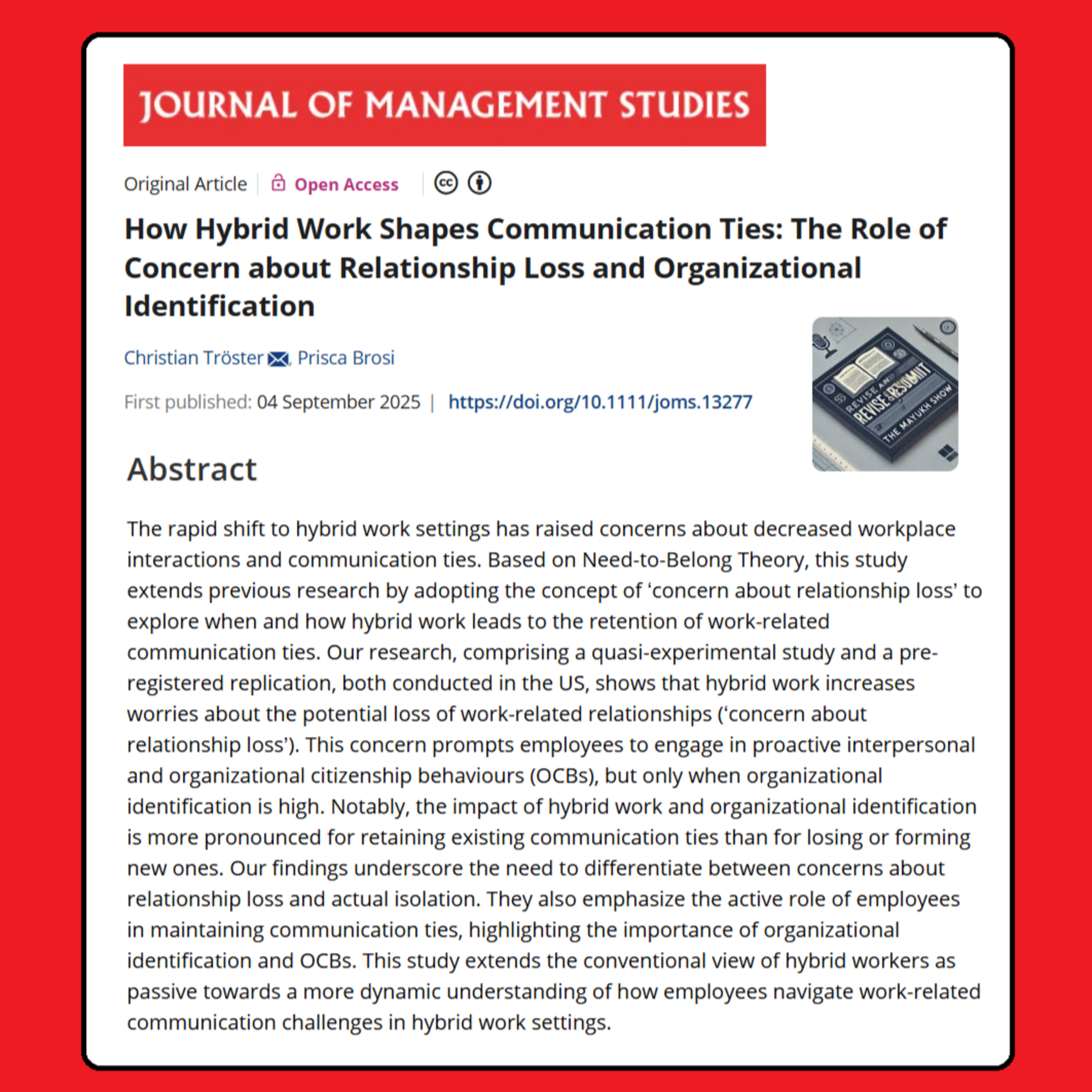How Hybrid Work Shapes Communication Ties (Tröster and Brosi, 2025) | FT50 JMS episode artwork