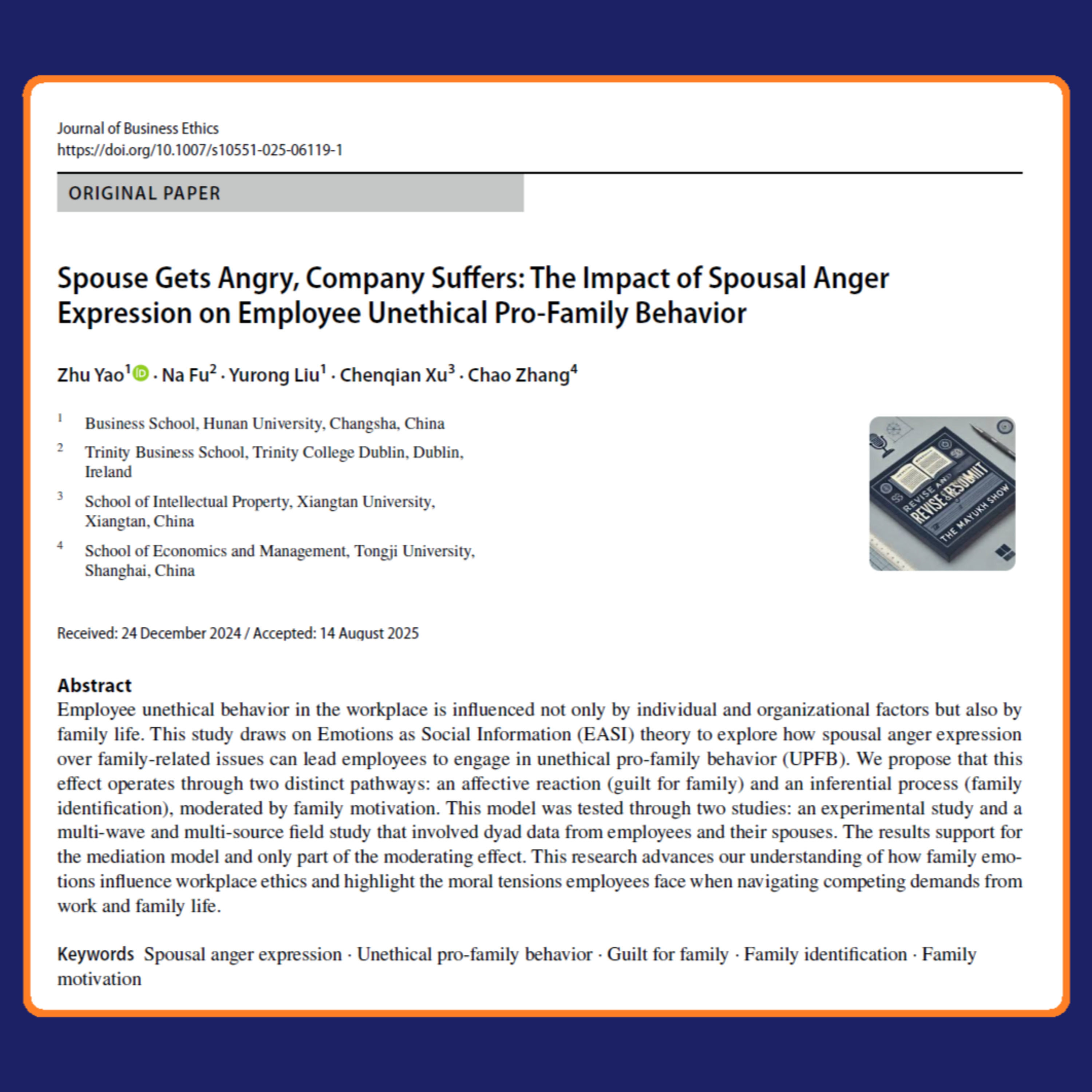 Spouse Gets Angry, Company Suffers (Yao et al 2025) | FT50 JBR