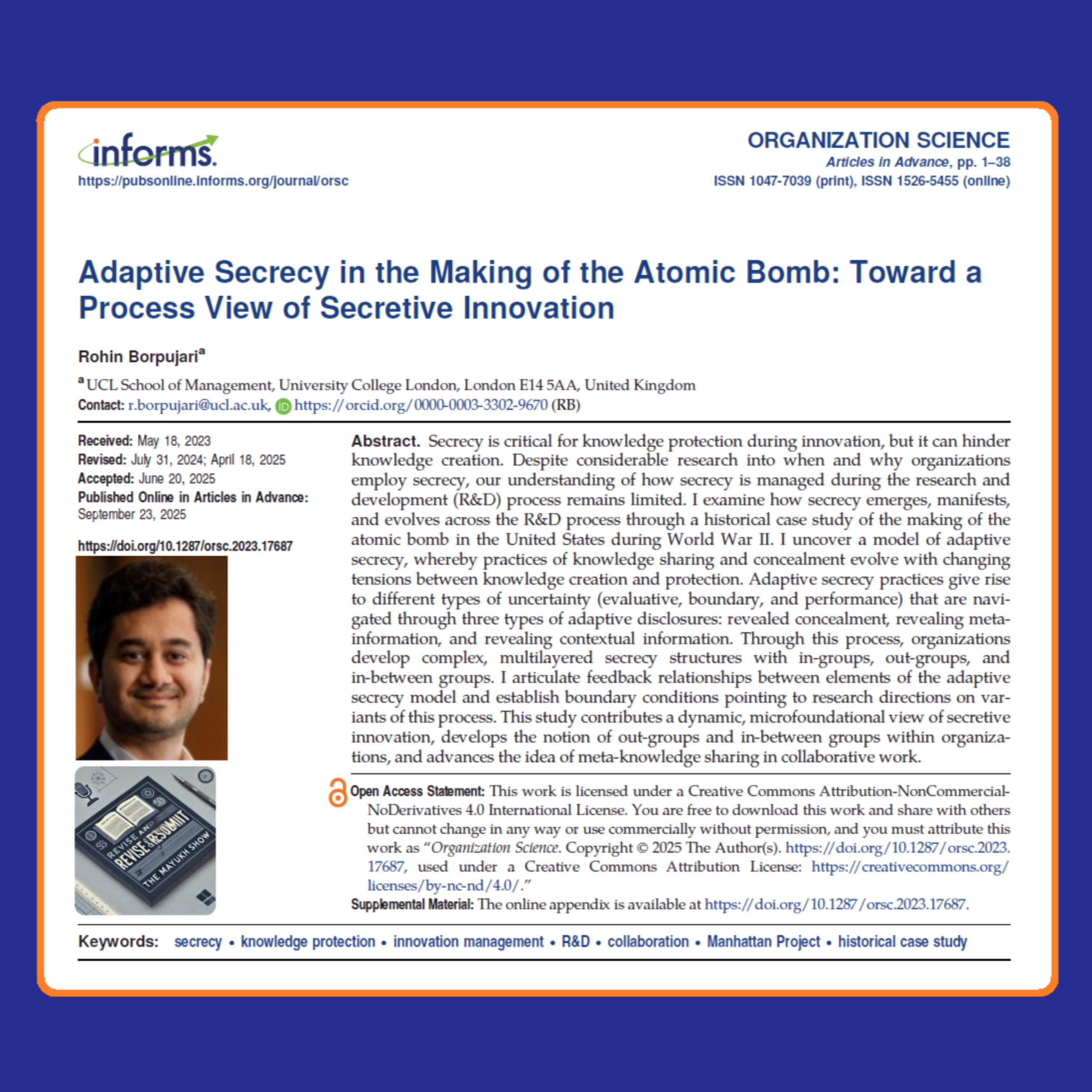 Adaptive Secrecy in the Making of the Atomic Bomb (Borpujari 2025) | FT50 OrgSci