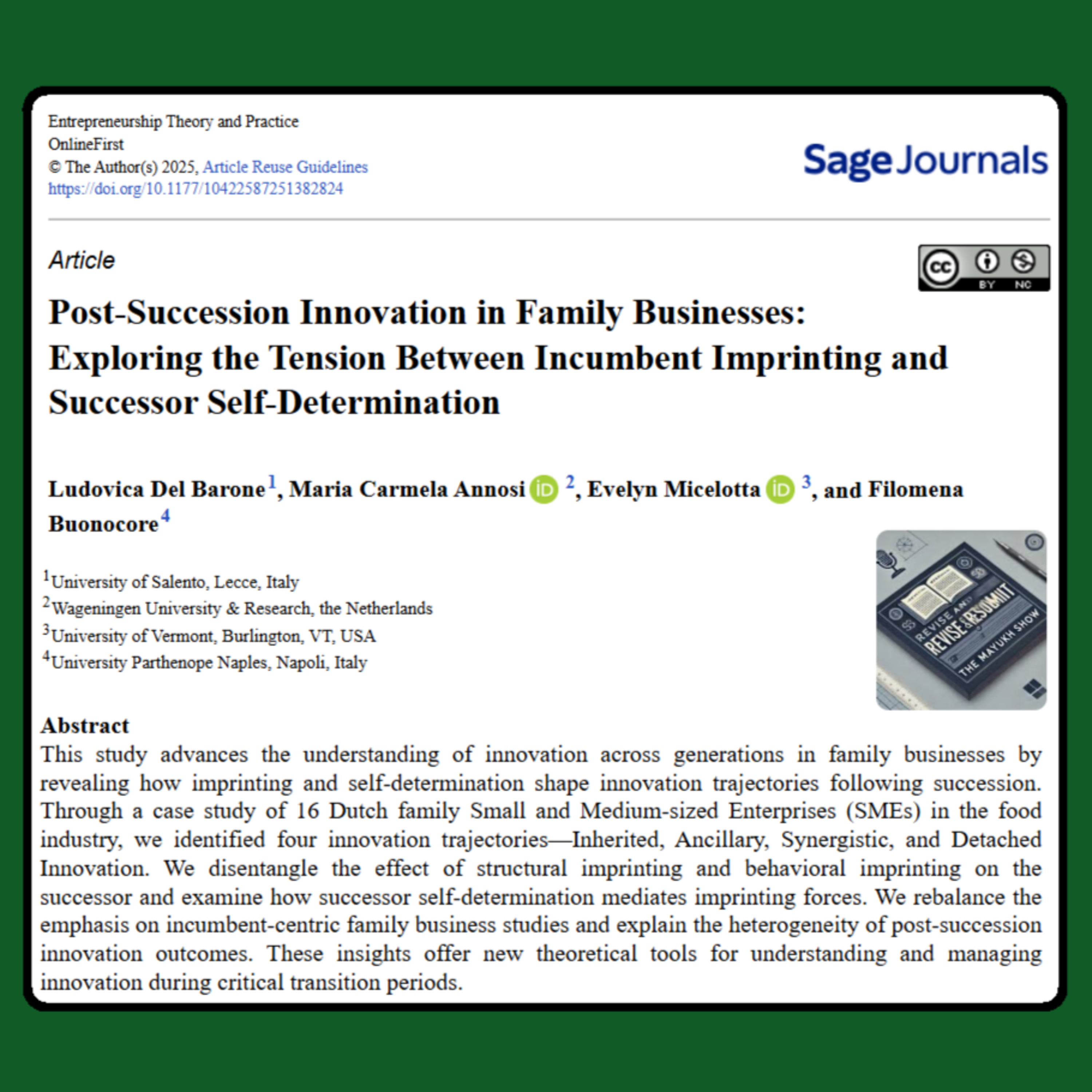 Post-Succession Innovation in Family Businesses (Del Barone, 2025) | FT50 ETP