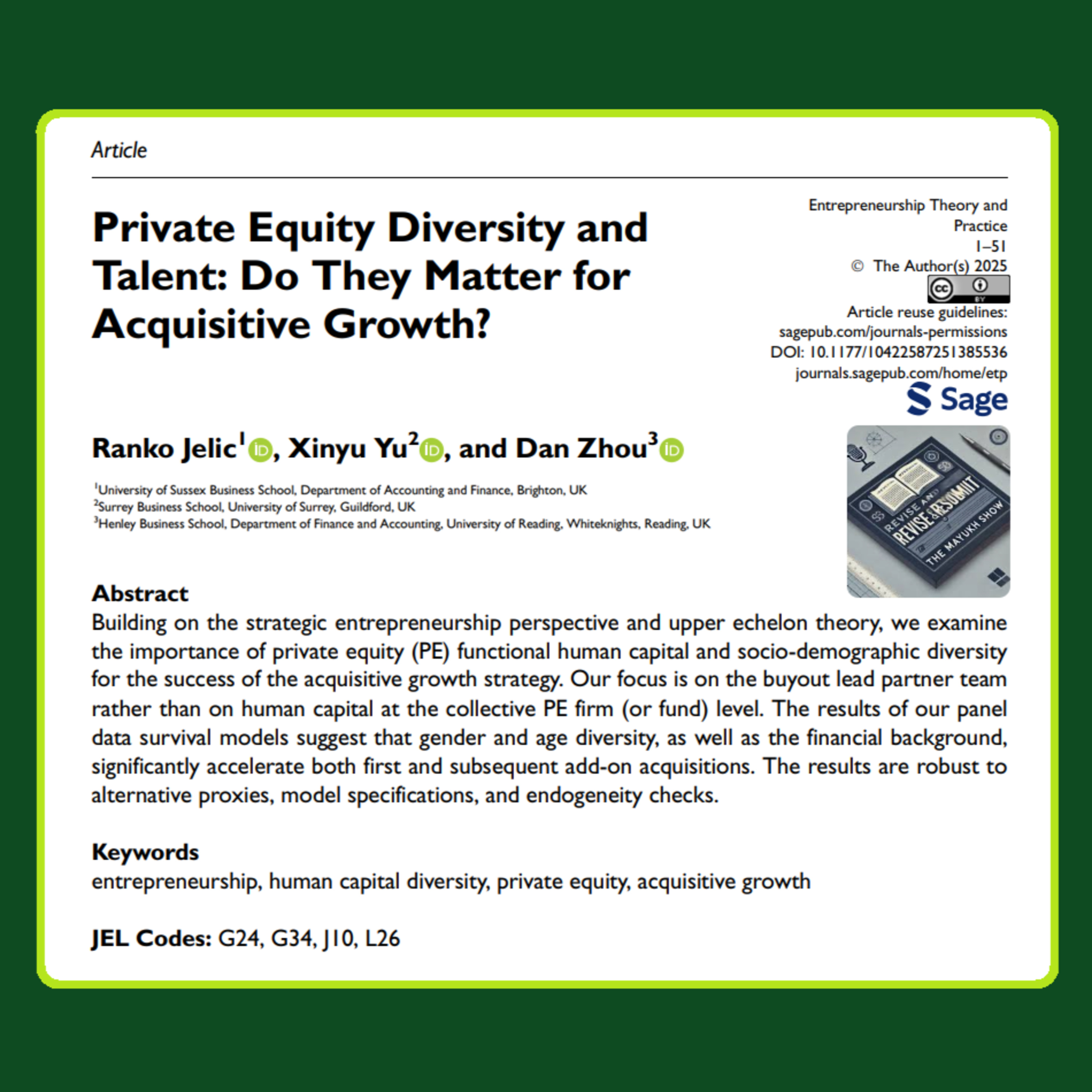 Private Equity Diversity and Talent (Jelic et al. 2025) | FT50 ETP
