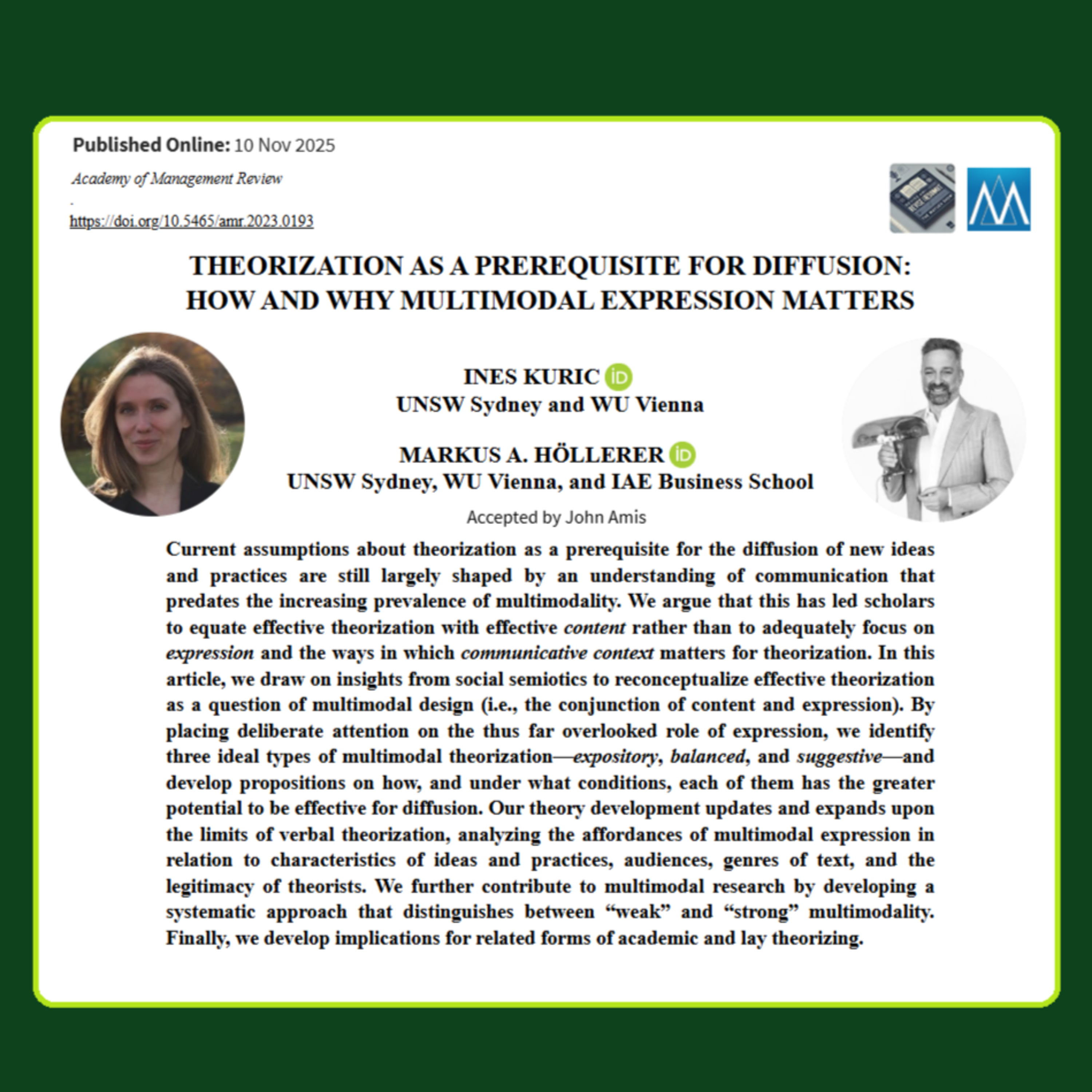Theorization as a Prerequisite for Diffusion (Kuric & Höllerer 2025) | FT50 AMR 