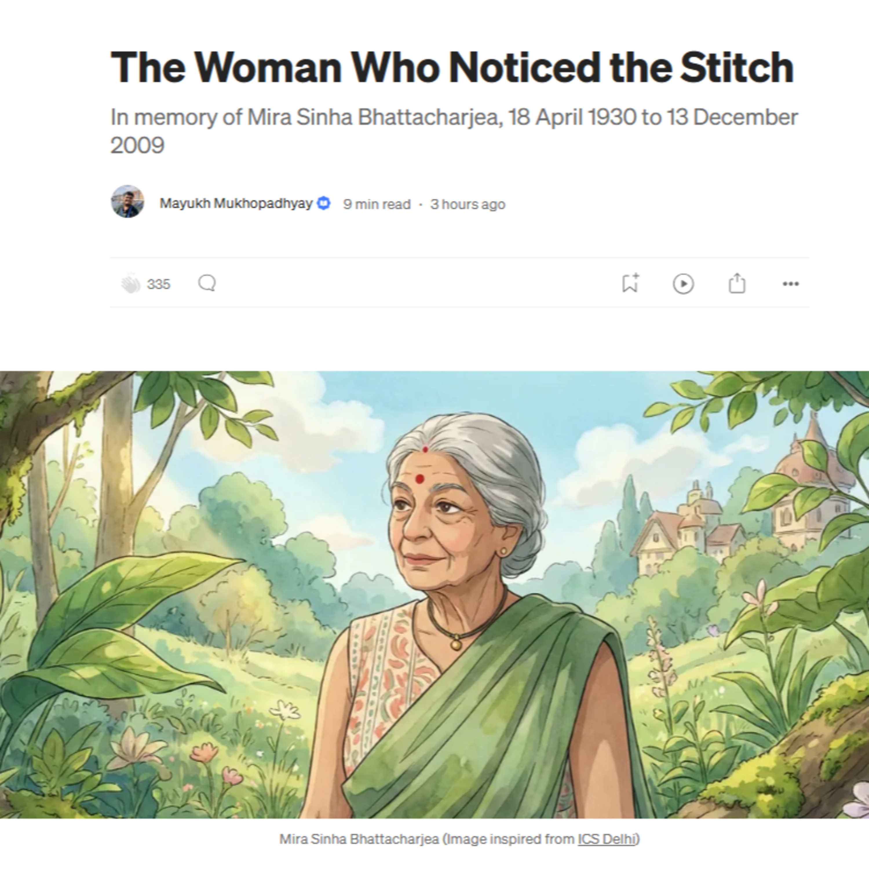 The Woman Who Noticed the Stitch: In memory of Mira Sinha Bhattacharjea (1930-2009)