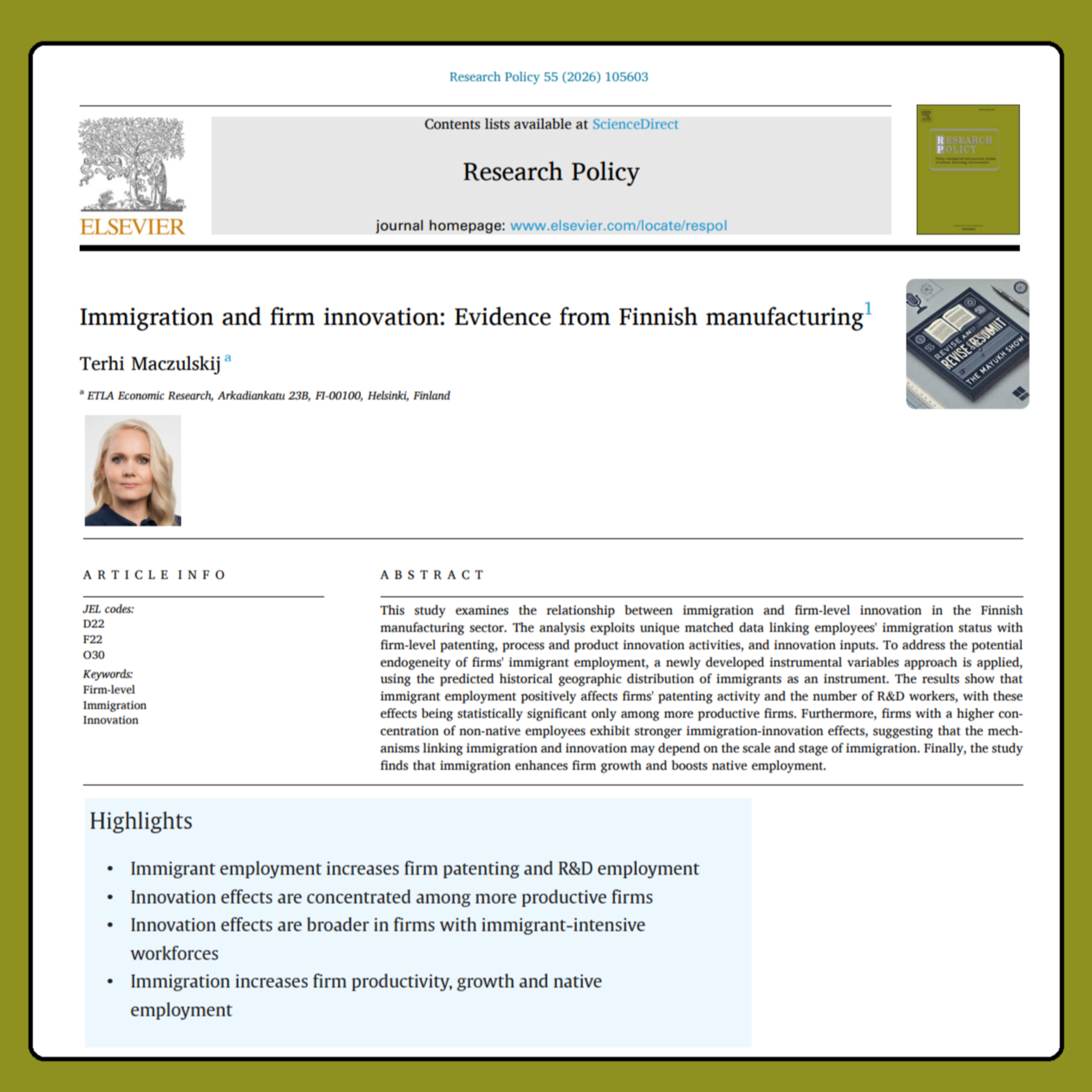 Immigration and firm innovation (Maczulskij, 2026) | FT50 RP