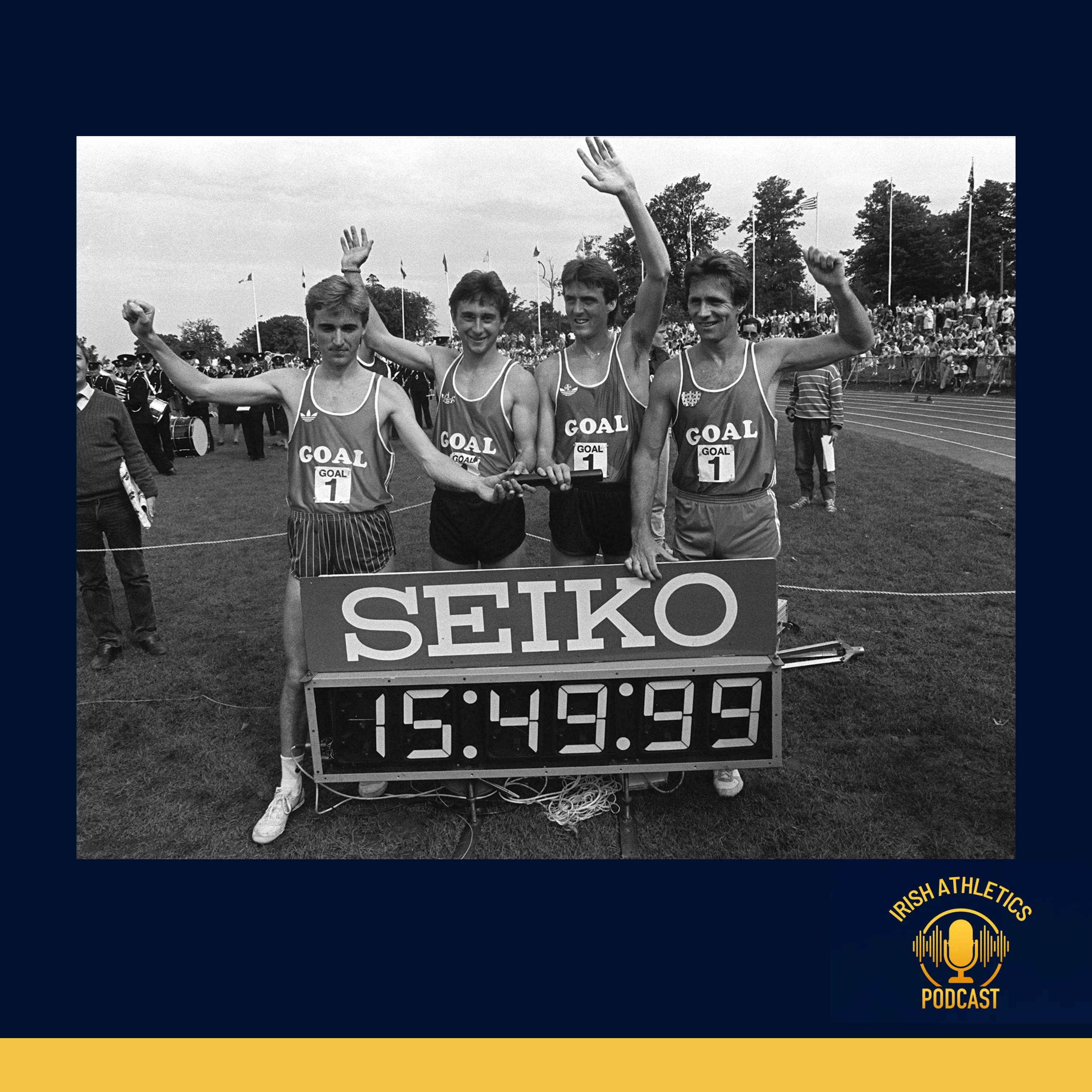 Eamon Coghlan, Marcus O'Sullivan, Frank O'Mara & Ray Flynn on their 4x1 mile record