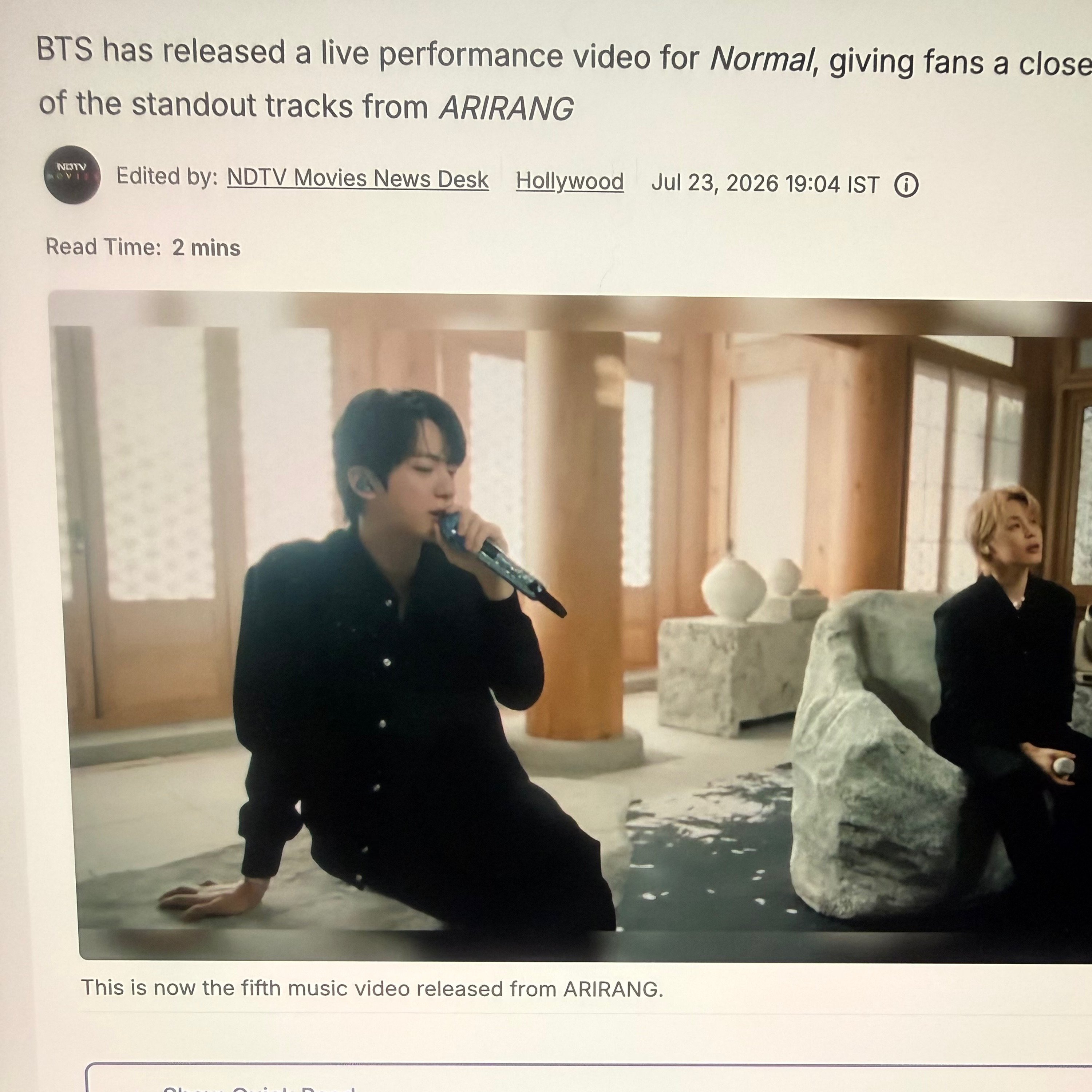 Amid Arirang world tour BTS Live Performance Video for new song Normal