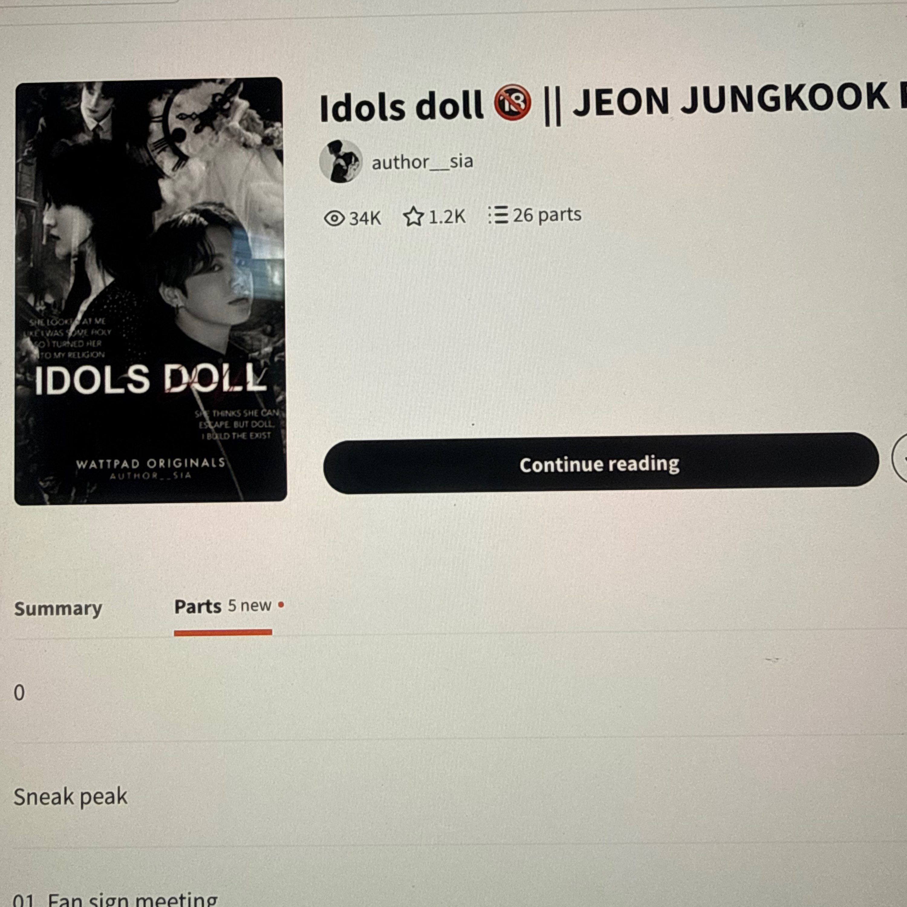 I am reading the Wattpad fan fiction Idols Doll BTS JungKook and Elena characters episode artwork