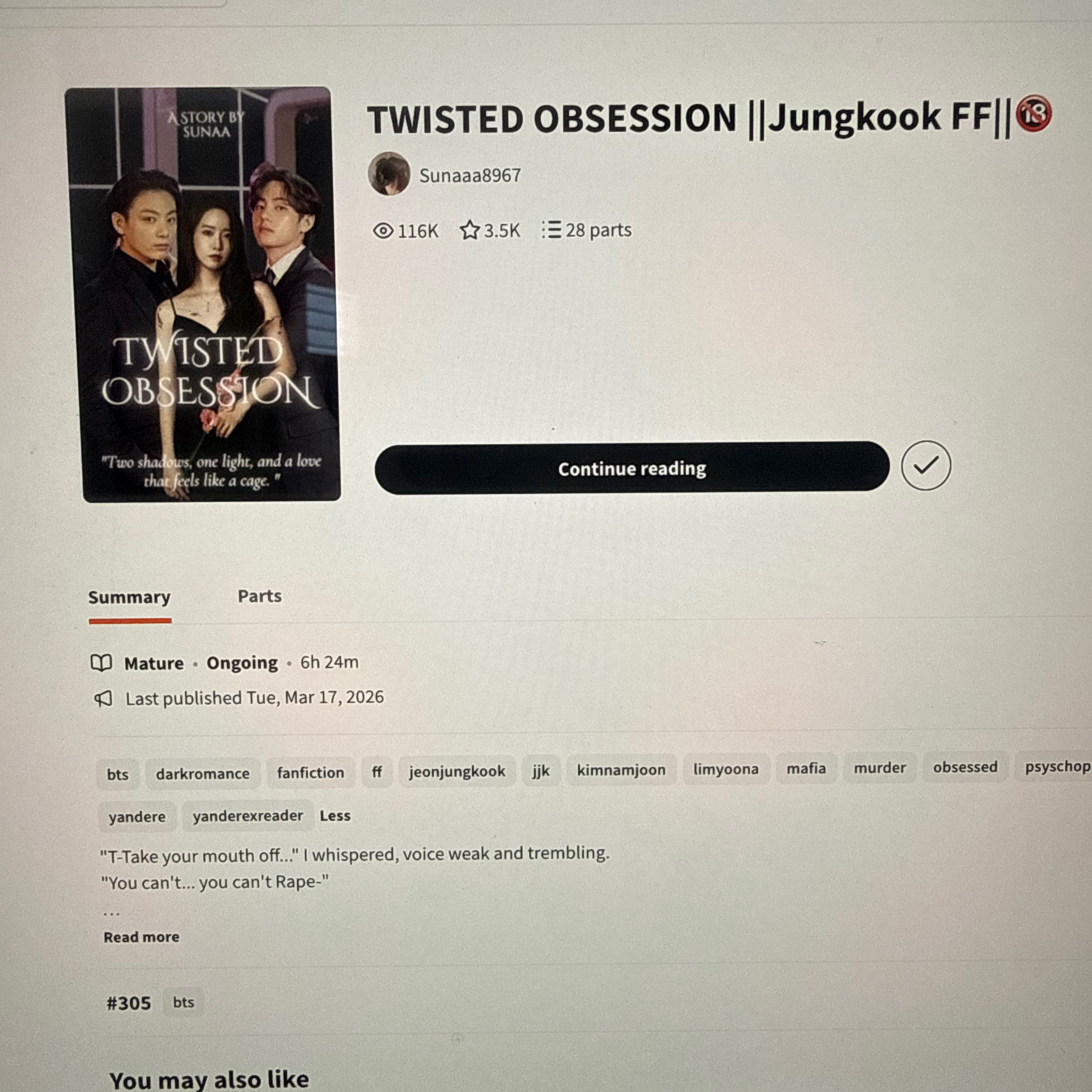 I am reading the Wattpad fan fiction twisted obsession YN and BTS Jungkook  episode artwork