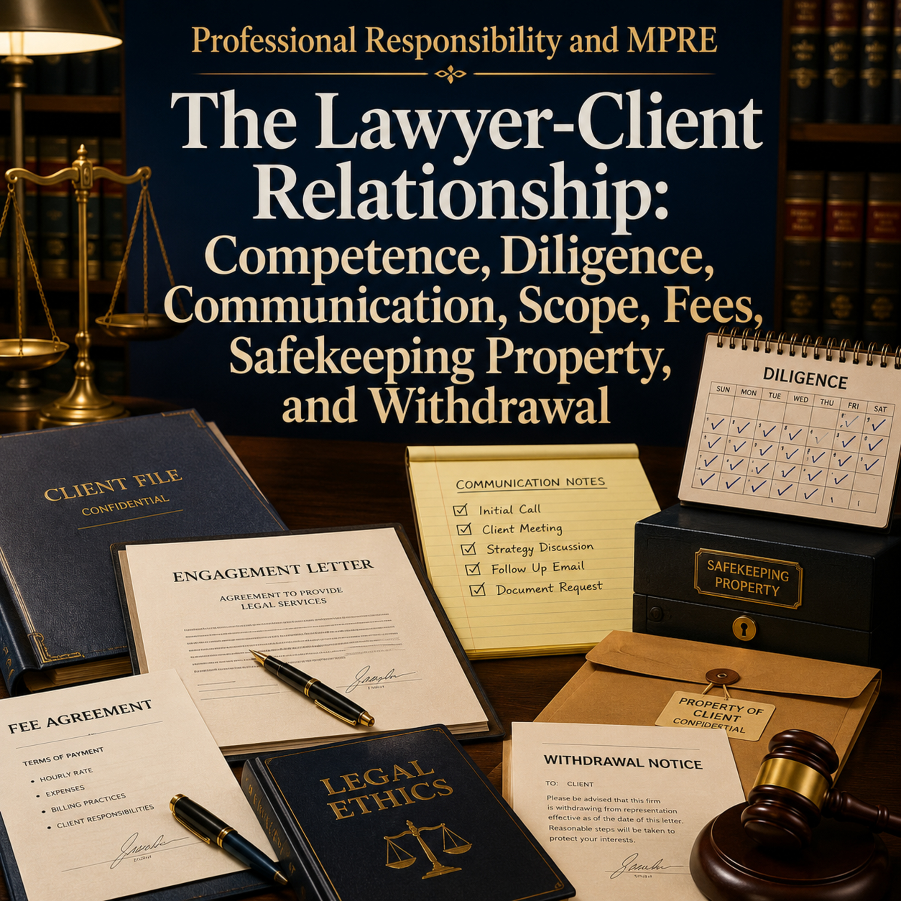 Professional Responsibility and MPRE: The Lawyer-Client Relationship - Competence, Diligence, Communication, Scope, Fees, Safekeeping Property, and Withdrawal