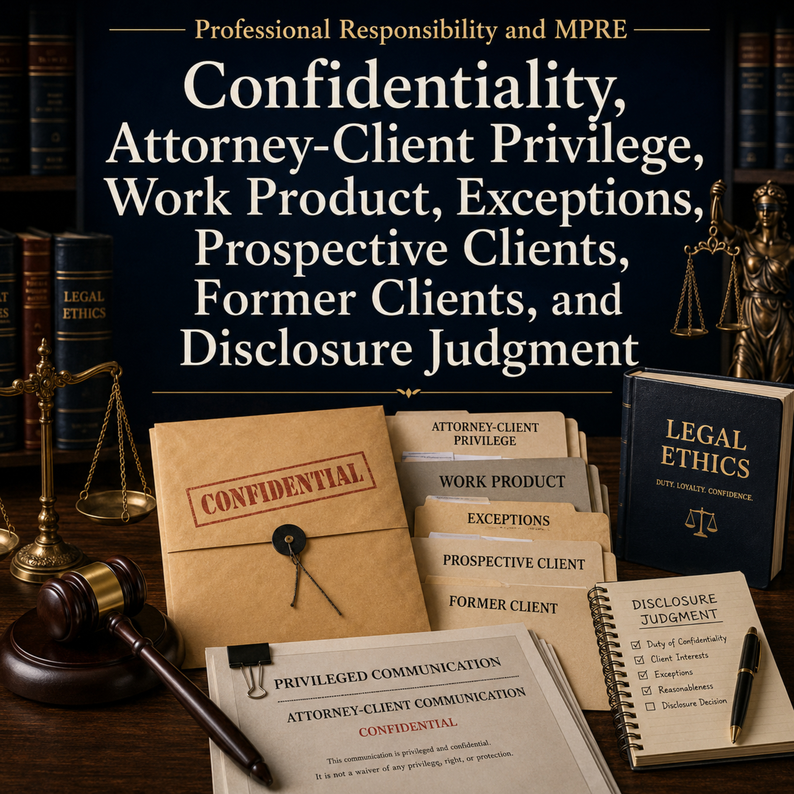 Professional Responsibility and MPRE: Confidentiality, Attorney-Client Privilege, Work Product, Exceptions, Prospective Clients, Former Clients, and Disclosure Judgment