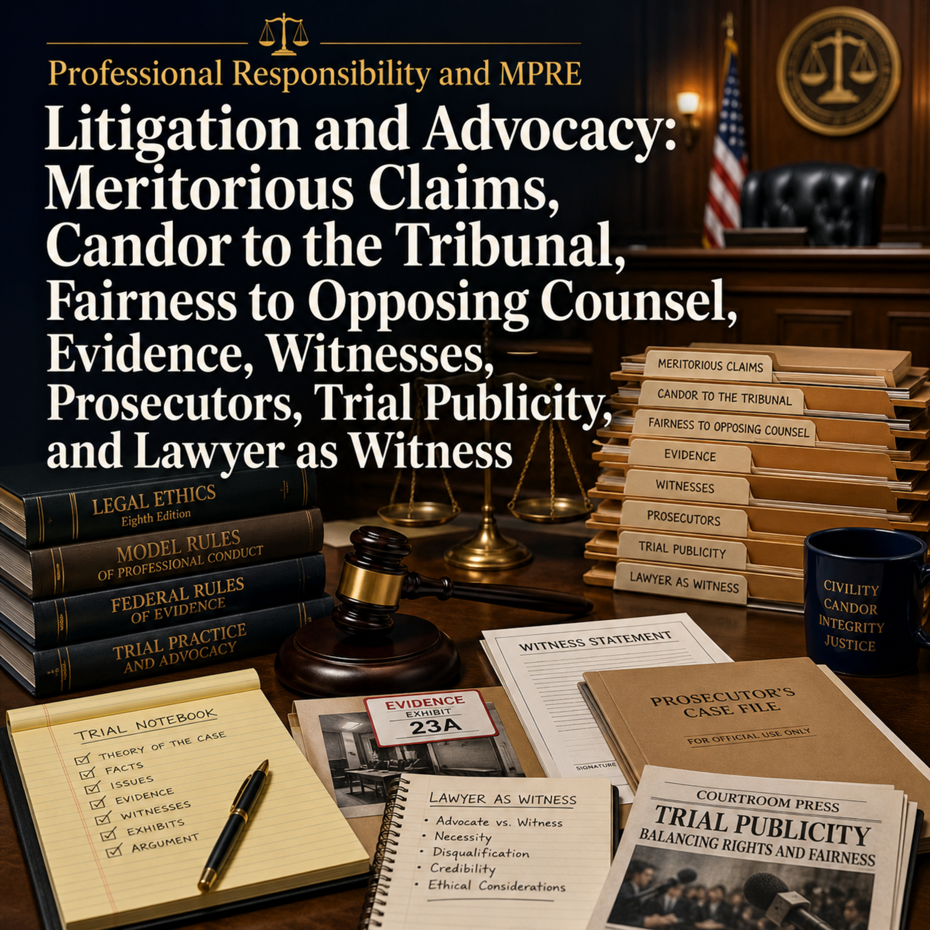 Professional Responsibility & MPRE: Litigation & Advocacy - Meritorious Claims, Candor to the Tribunal, Fairness to Opposing Counsel, Evidence, Witnesses, Prosecutors, Trial Publicity & Lawyer as Witn