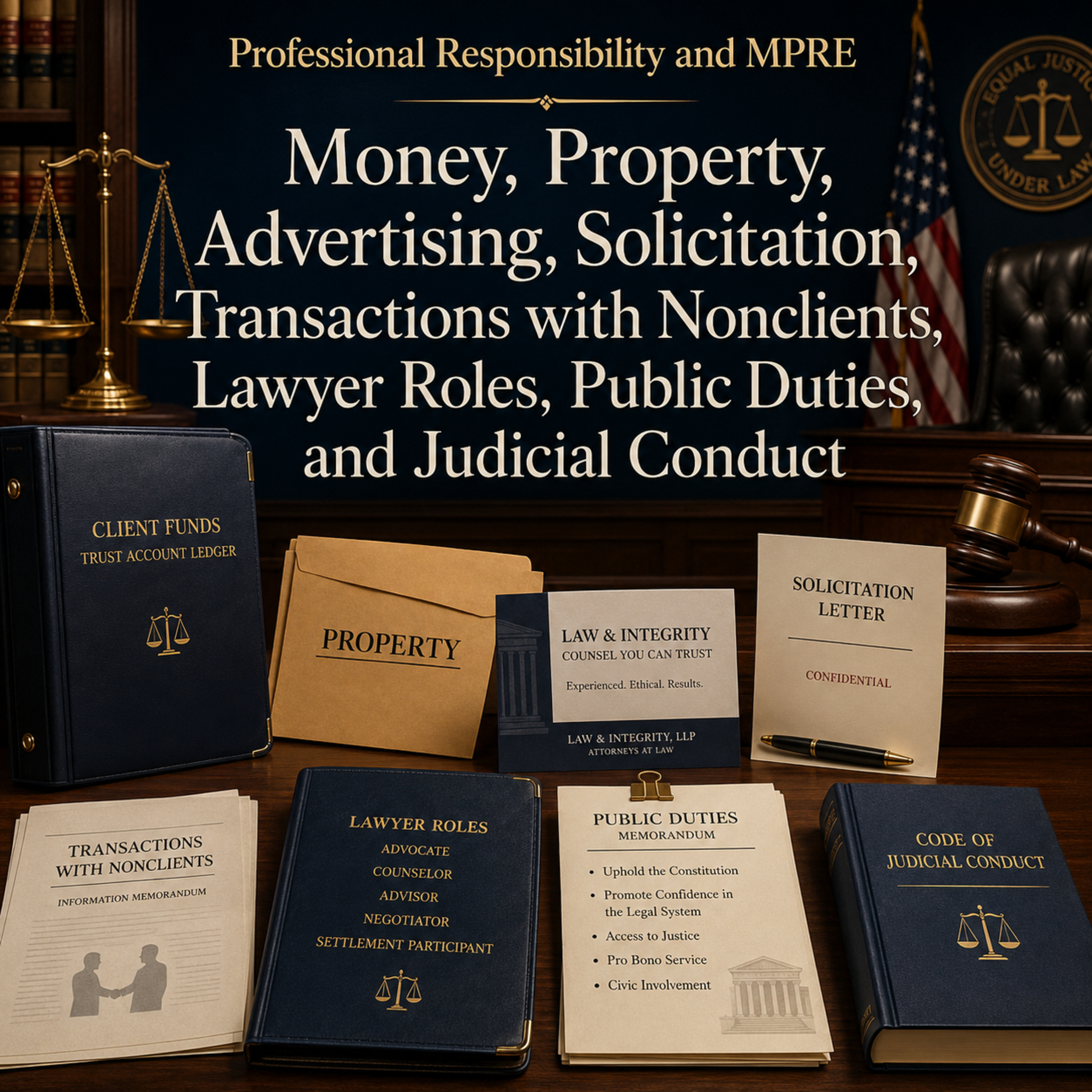 Professional Responsibility and MPRE: Money, Property, Advertising, Solicitation, Transactions with Nonclients, Lawyer Roles, Public Duties, and Judicial Conduct