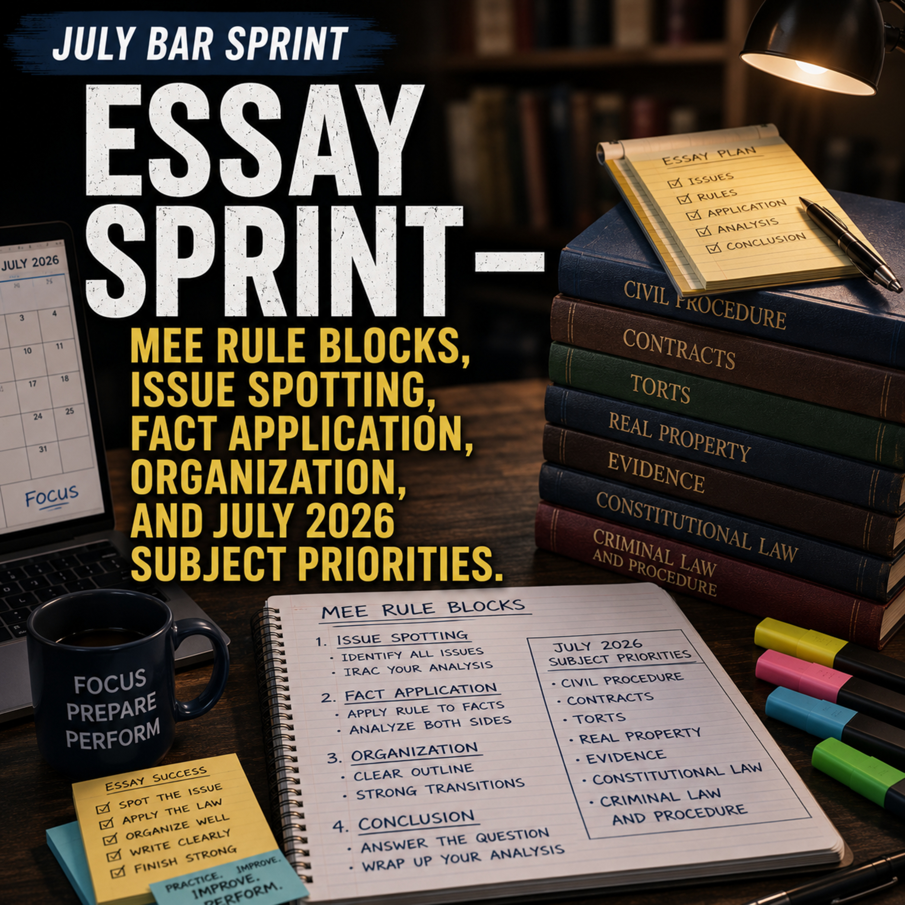July Bar Sprint: Essay Sprint — MEE Rule Blocks, Issue Spotting, Fact Application, Organization, and July 2026 Subject Priorities