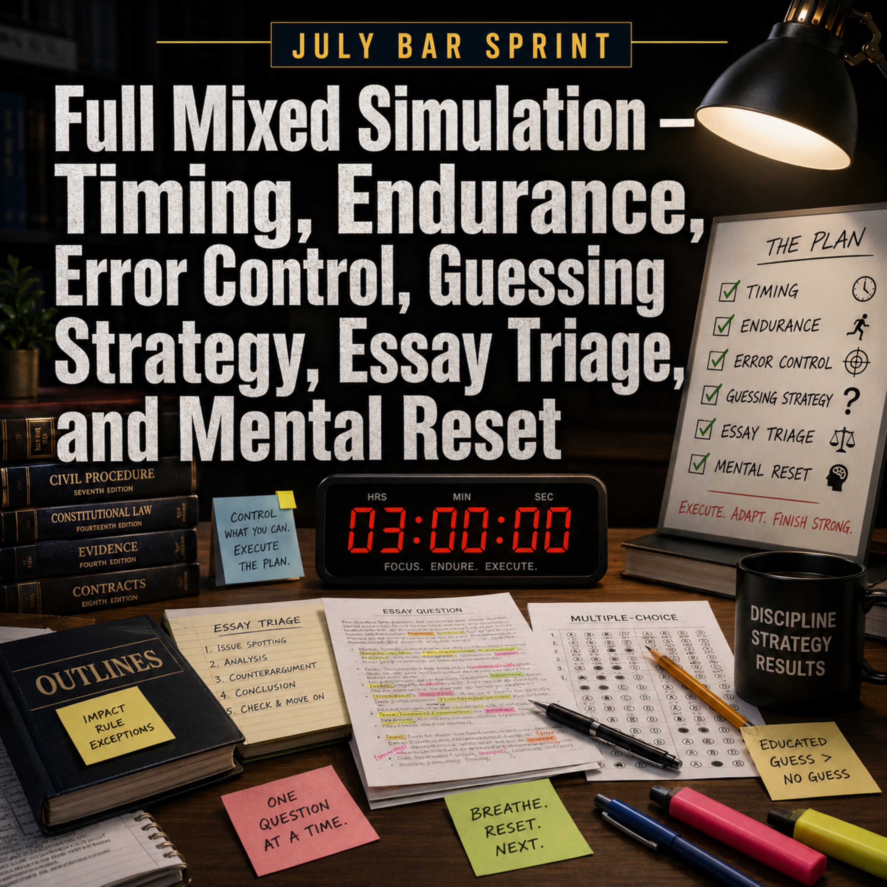 July Bar Sprint: Full Mixed Simulation — Timing, Endurance, Error Control, Guessing Strategy, Essay Triage, and Mental Reset