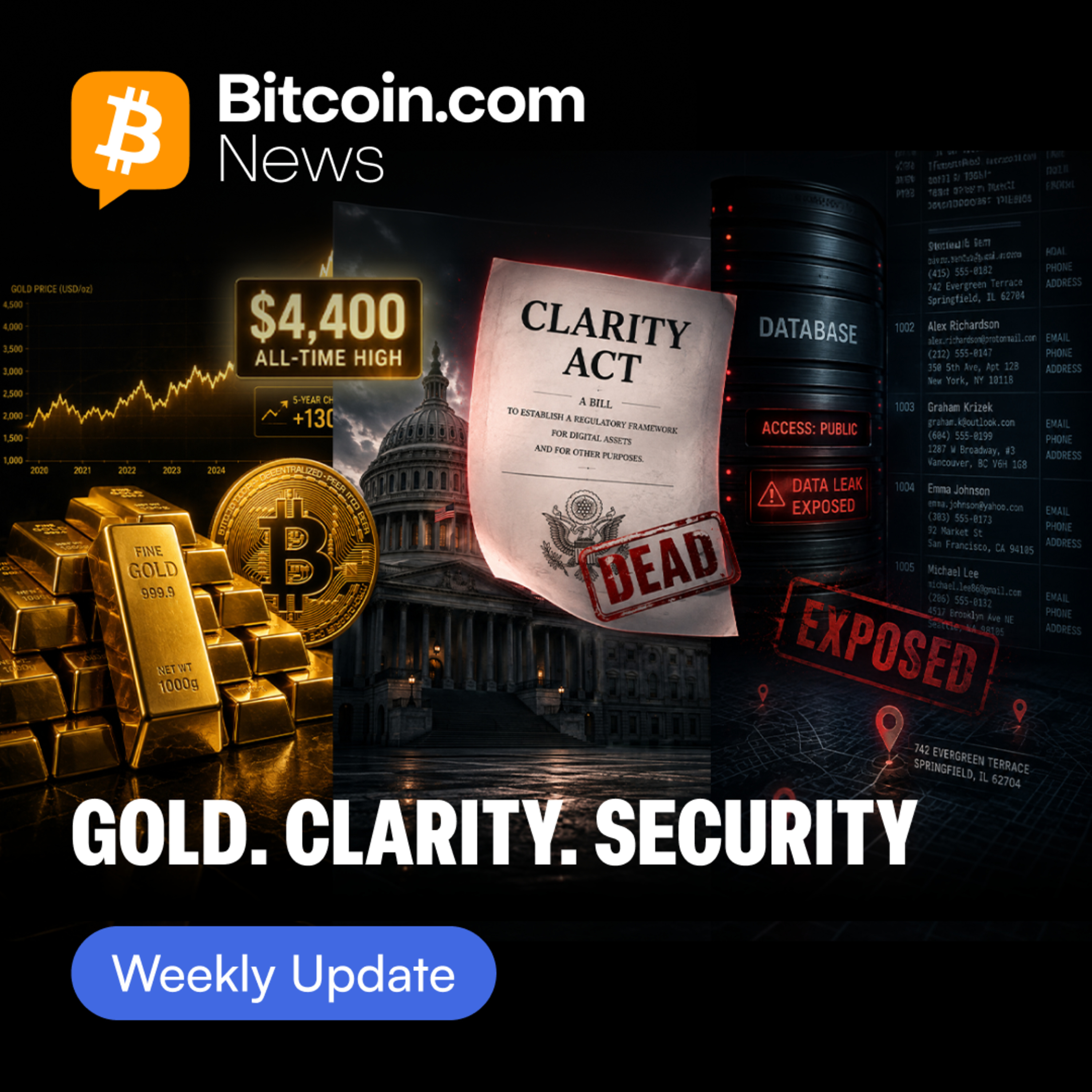 Gold at $4,400, Clarity Act Trouble and a New Wave of Crypto Data Leaks