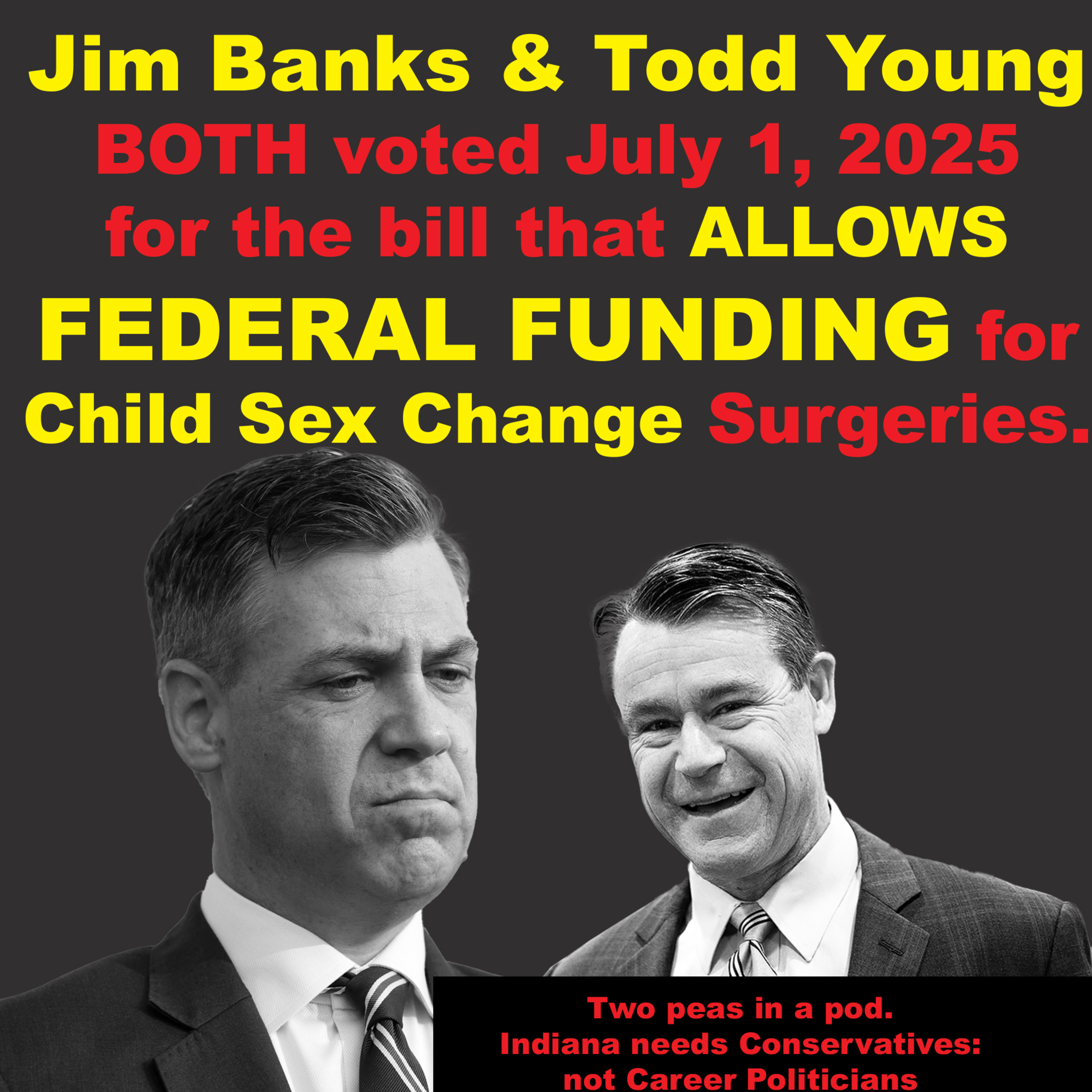 Jim Banks & Todd Young BOTH voted July 1, 2025 for the bill that allows FEDERAL FUNDS for Child Sex Change Surgeries!